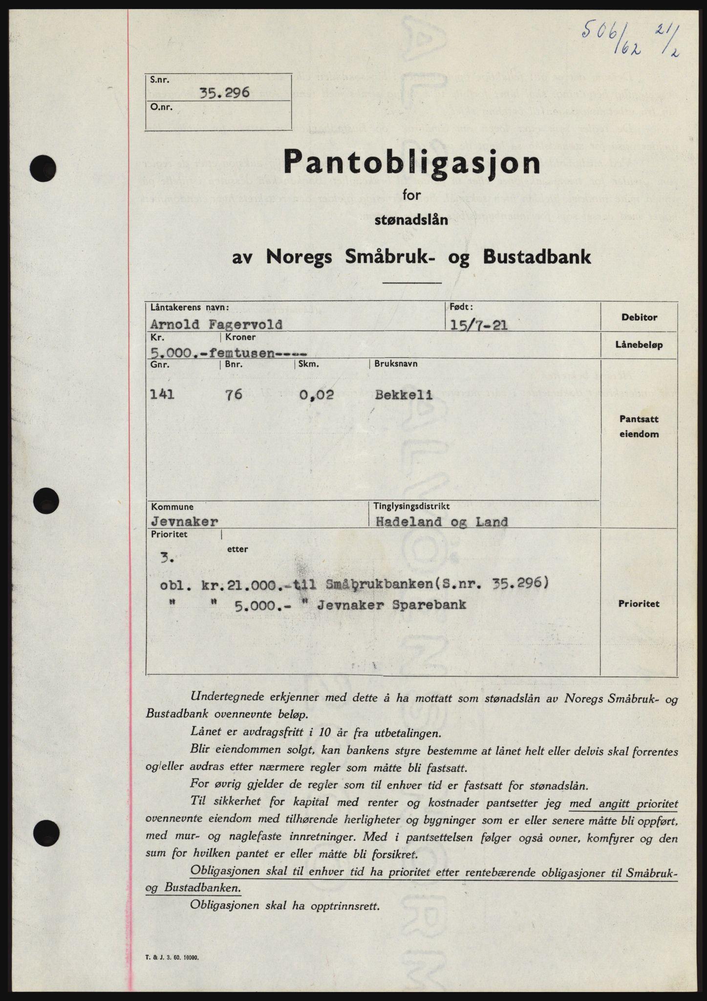Hadeland og Land tingrett, SAH/TING-010/H/Hb/Hbc/L0047: Pantebok nr. B47, 1961-1962, Dagboknr: 506/1962