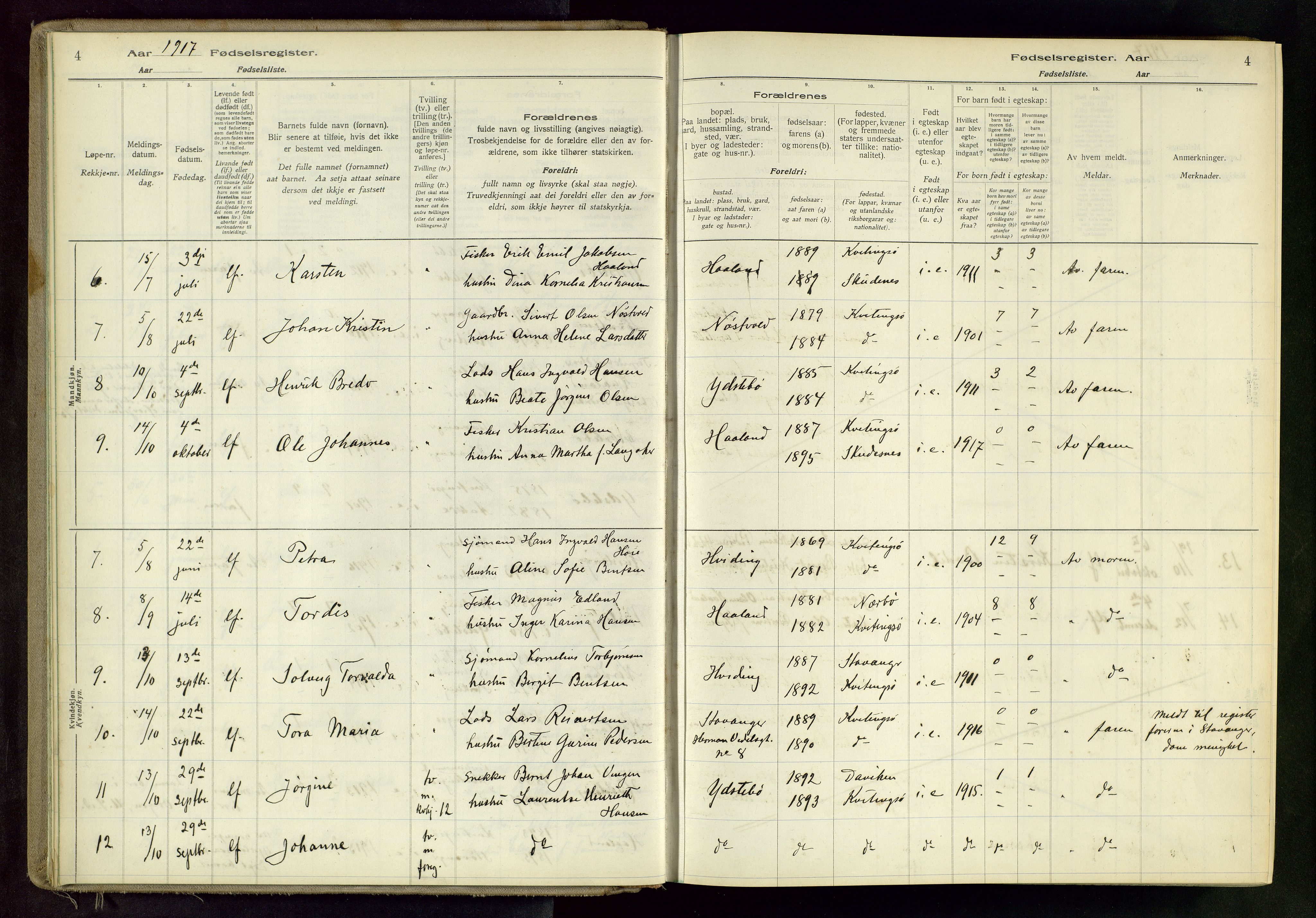 Randaberg sokneprestkontor, SAST/A-101798/001/A/L0004: Fødselsregister nr. 4, 1916-1982, s. 4