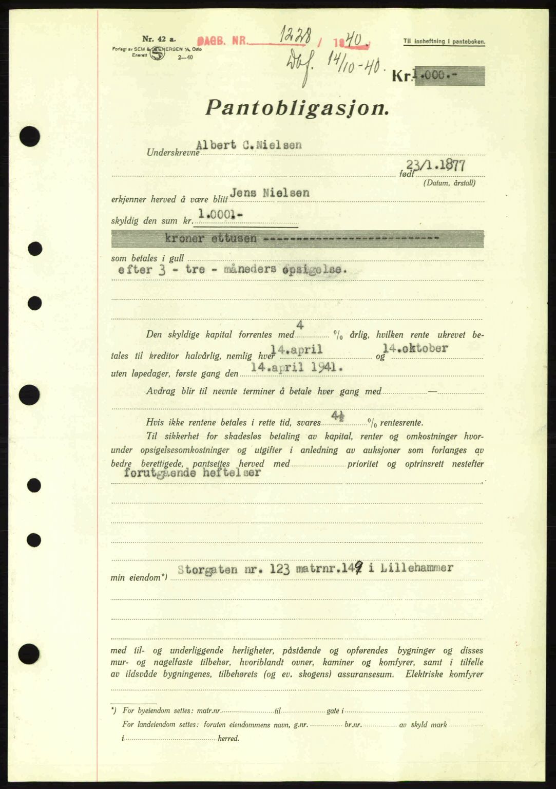 Sør-Gudbrandsdal tingrett, SAH/TING-004/H/Hb/Hbe/L0002: Pantebok nr. B2, 1939-1943, Dagboknr: 1228/1940