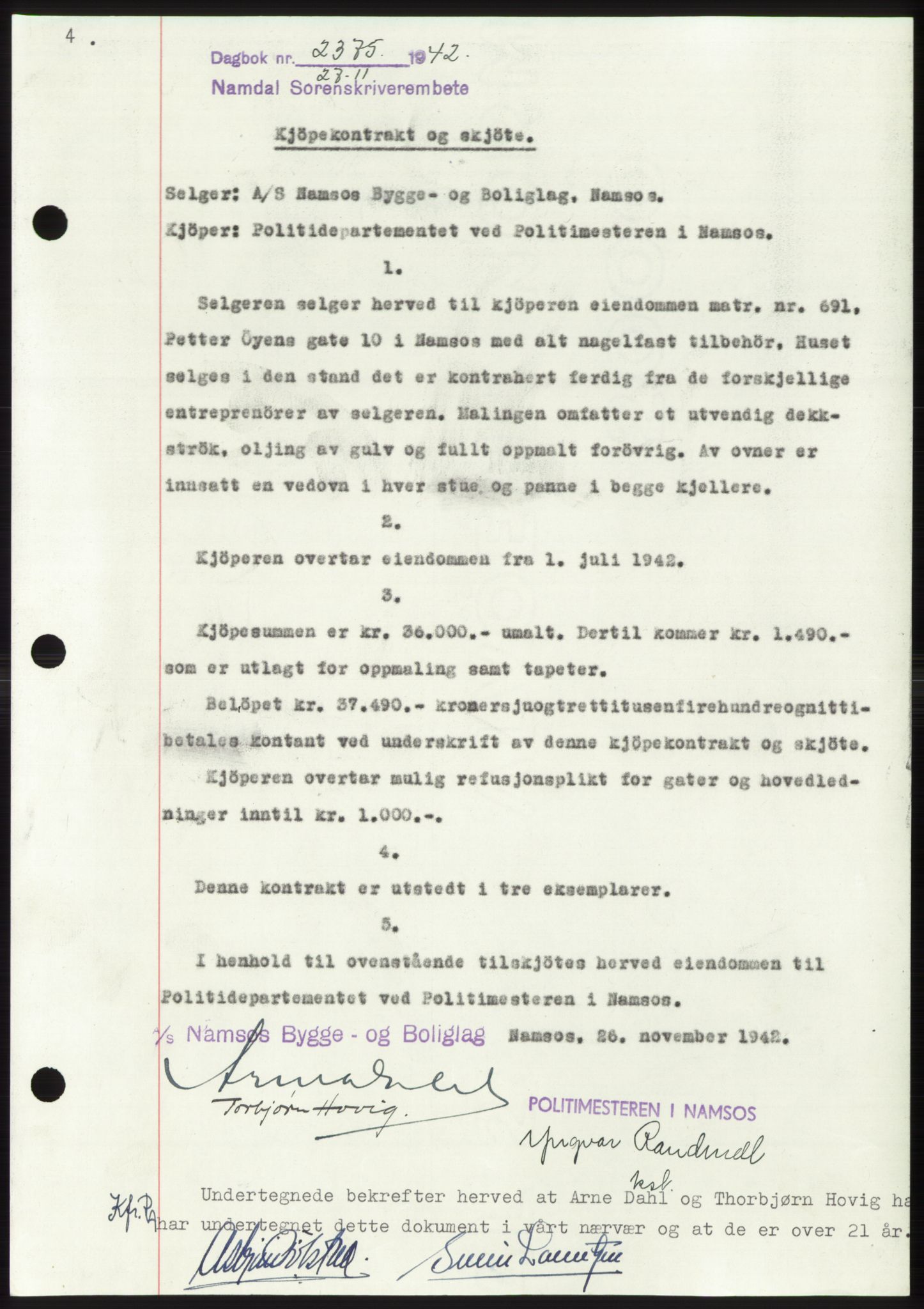 Namdal sorenskriveri, SAT/A-4133/1/2/2C: Pantebok nr. -, 1942-1943, Dagboknr: 2375/1942