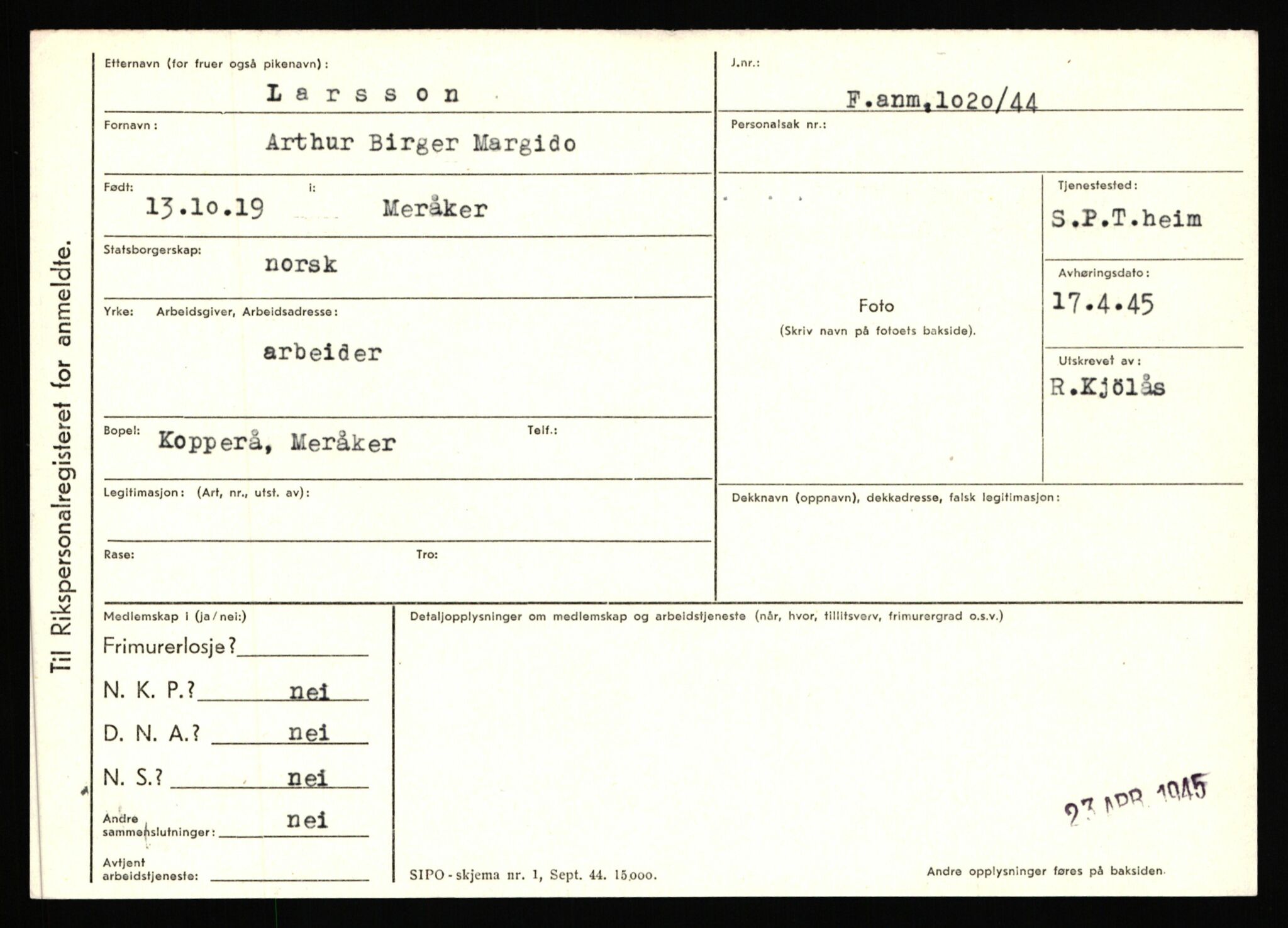 Statspolitiet - Hovedkontoret / Osloavdelingen, AV/RA-S-1329/C/Ca/L0009: Knutsen - Limstrand, 1943-1945, s. 3965