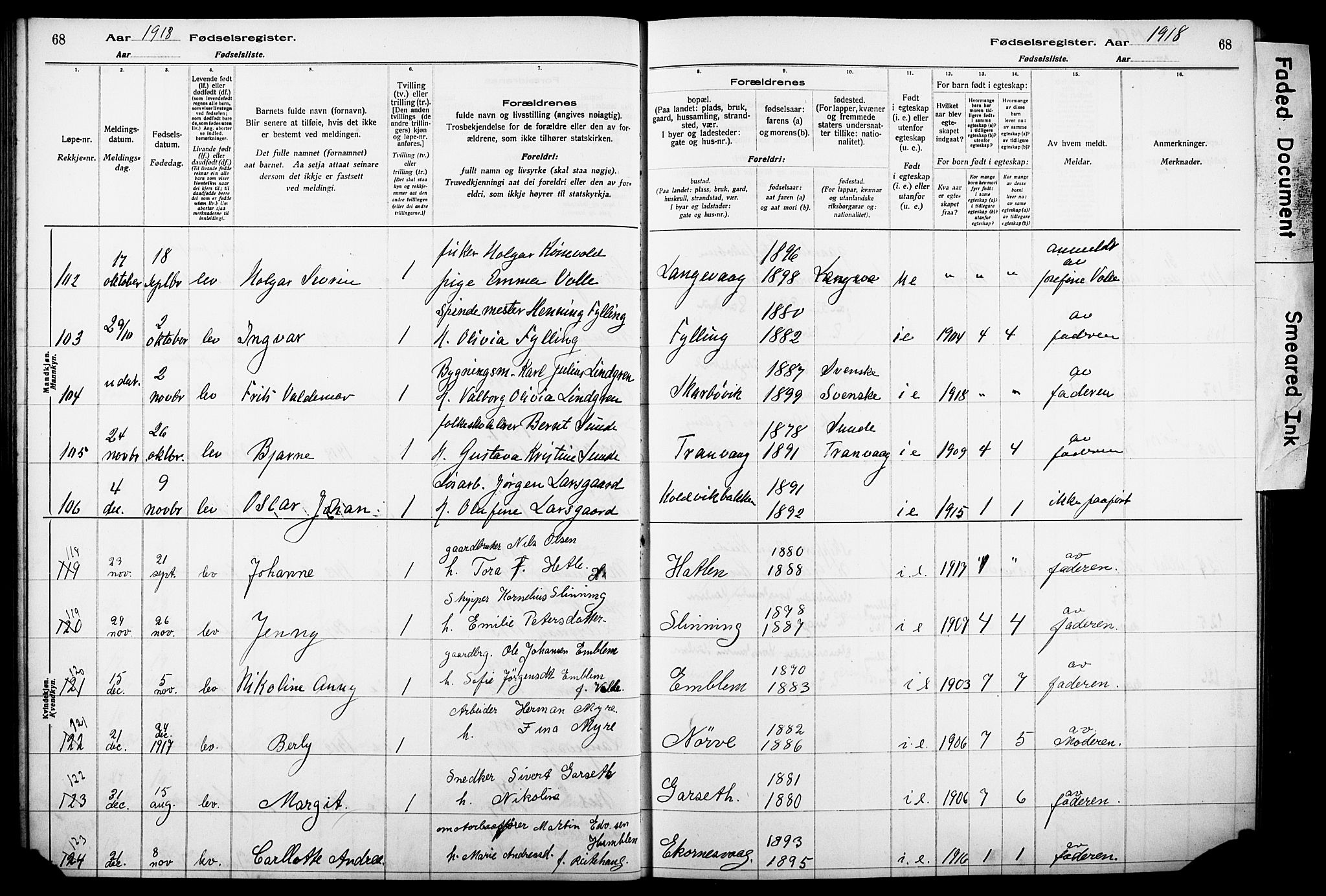 Ministerialprotokoller, klokkerbøker og fødselsregistre - Møre og Romsdal, AV/SAT-A-1454/528/L0442: Fødselsregister nr. 528.II.4.1, 1916-1924, s. 68