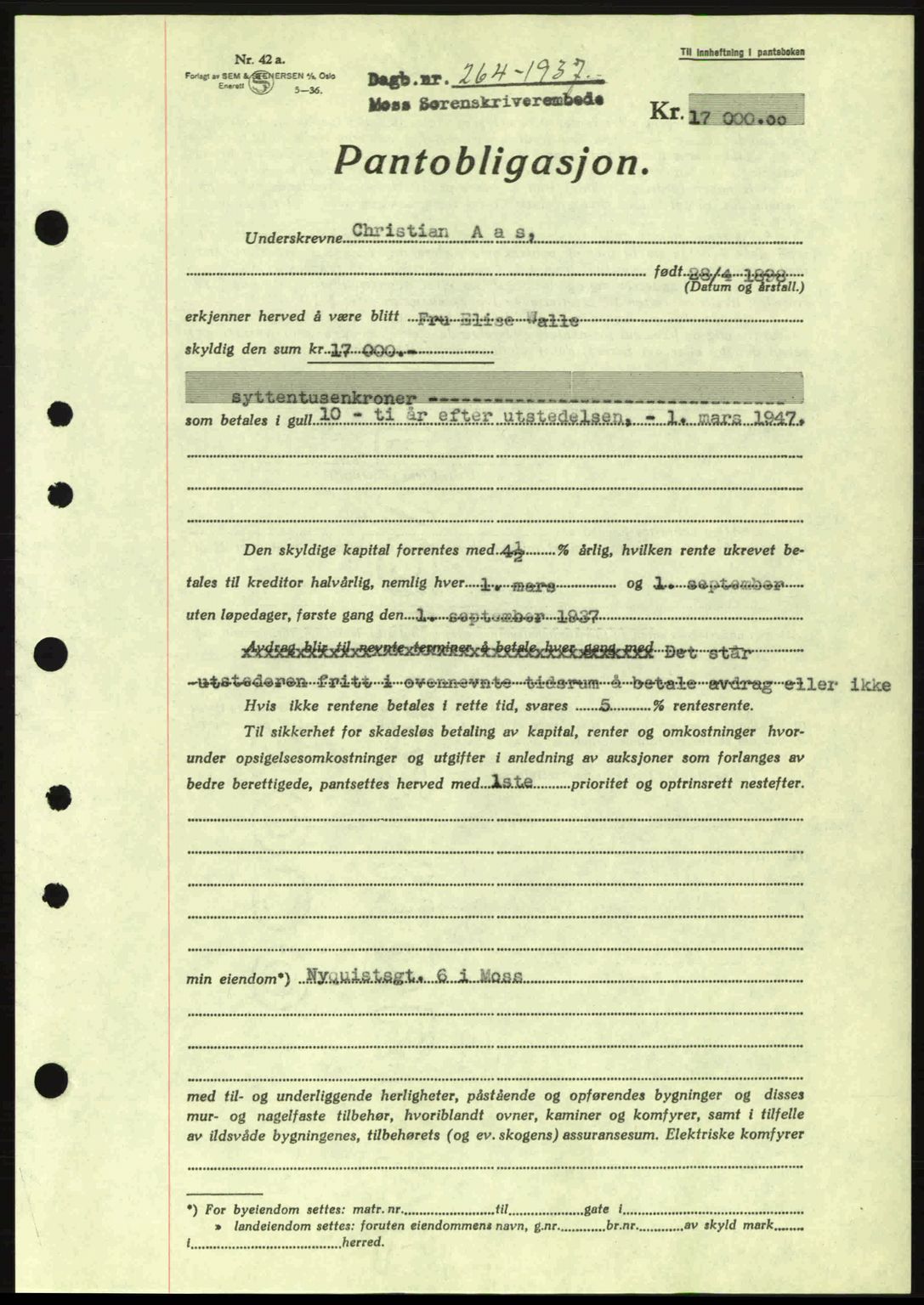 Moss sorenskriveri, SAO/A-10168: Pantebok nr. B3, 1937-1937, Dagboknr: 264/1937
