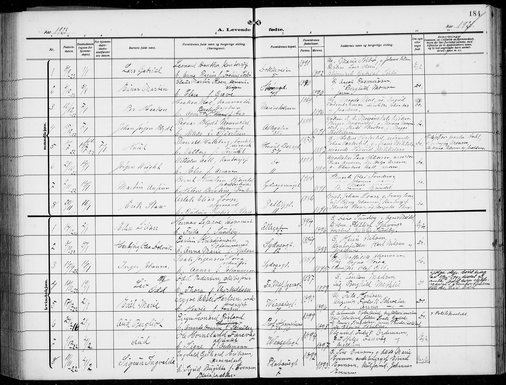 Johanneskirken sokneprestembete, AV/SAB-A-76001/H/Hab: Klokkerbok nr. A 3, 1913-1934, s. 184
