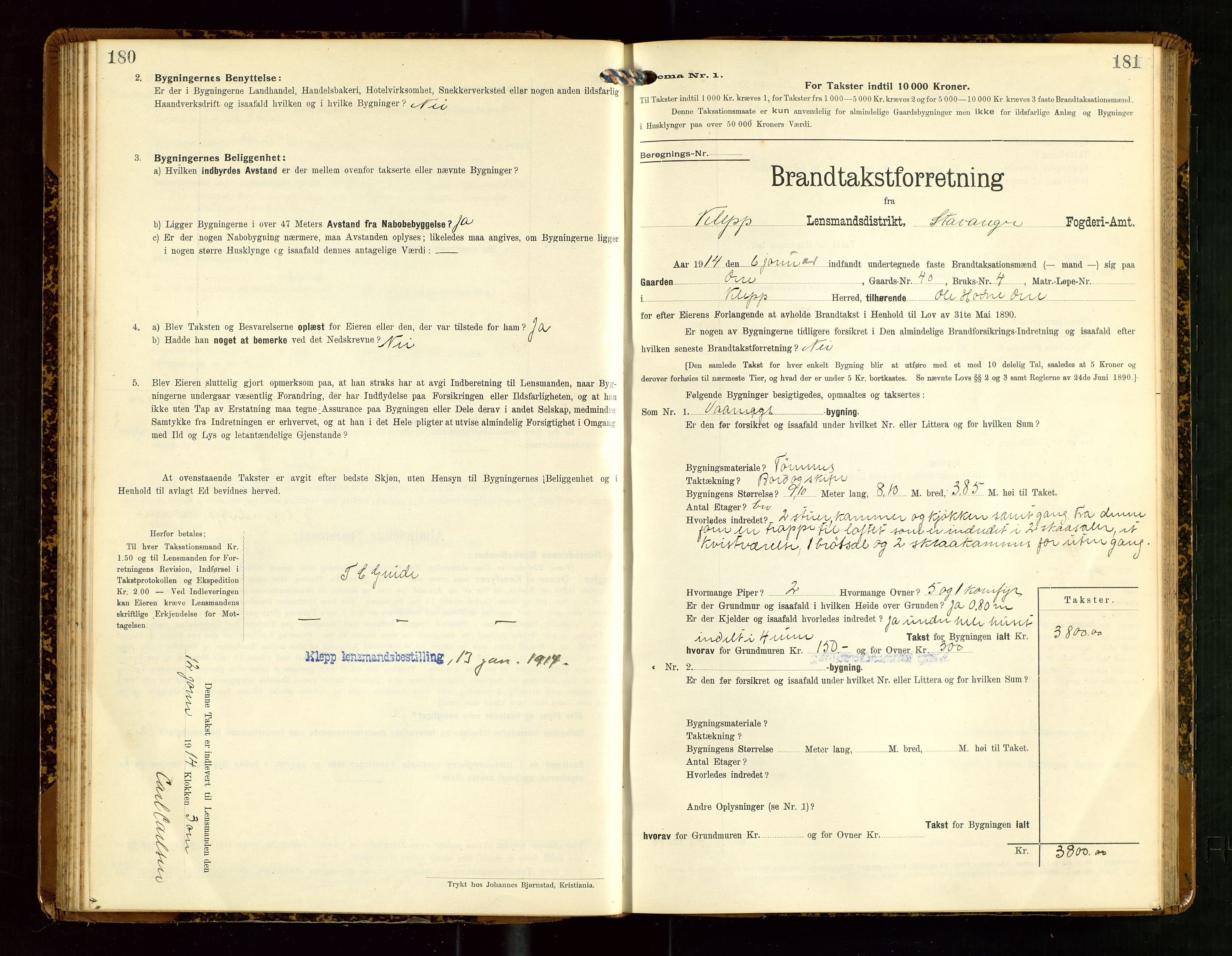 Klepp lensmannskontor, AV/SAST-A-100163/Goc/L0007: "Brandtaxationsprotokol" m/register, 1911-1915, s. 180-181