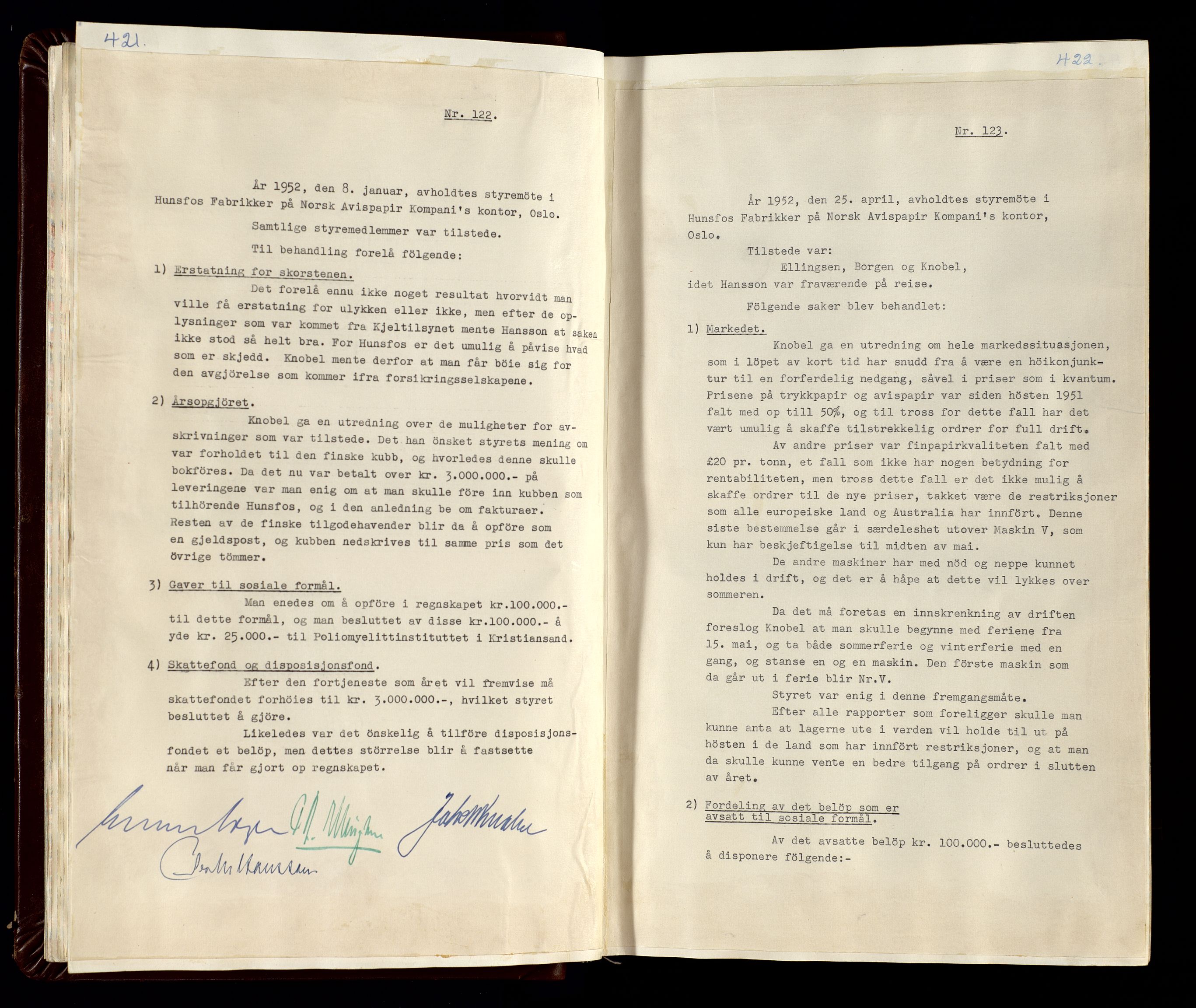 Hunsfos fabrikker, AV/SAK-D/1440/02/L0007: Referatprotokoll fra styremøter (møte nr 114-221), 1951-1964, s. 421-422