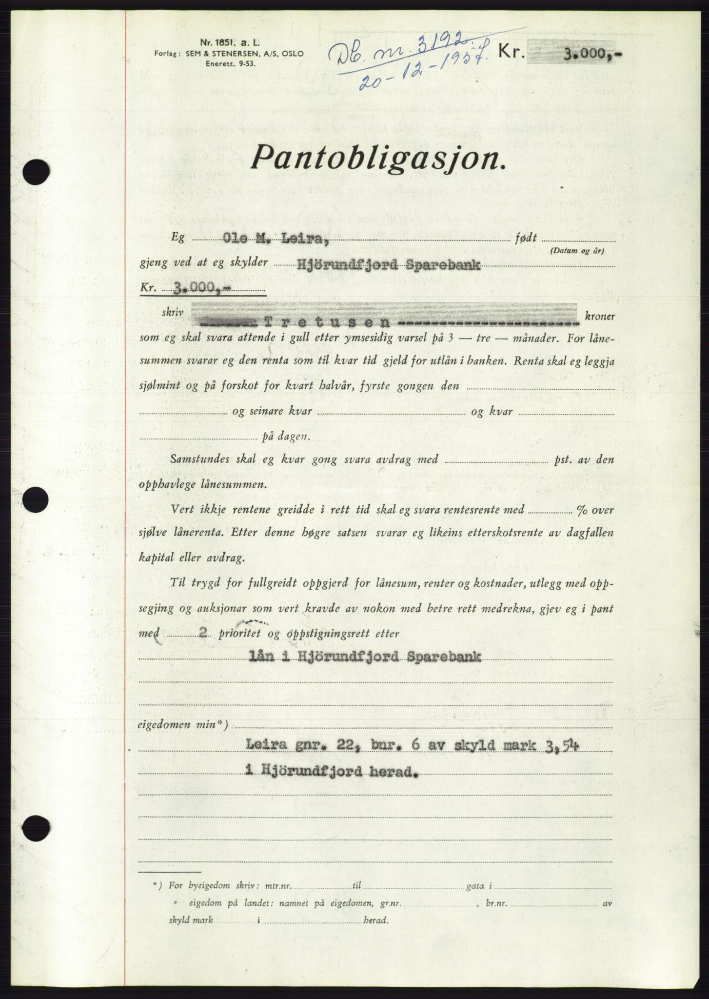 Søre Sunnmøre sorenskriveri, AV/SAT-A-4122/1/2/2C/L0130: Pantebok nr. 18B, 1957-1958, Dagboknr: 3192/1957