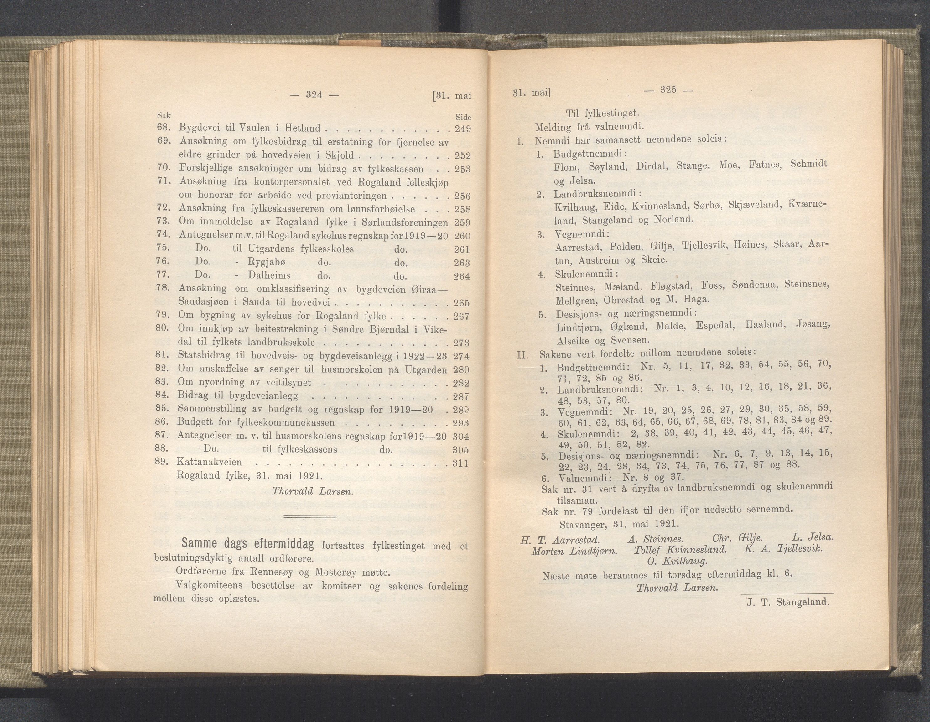 Rogaland fylkeskommune - Fylkesrådmannen , IKAR/A-900/A/Aa/Aaa/L0040: Møtebok , 1921, s. 324-325