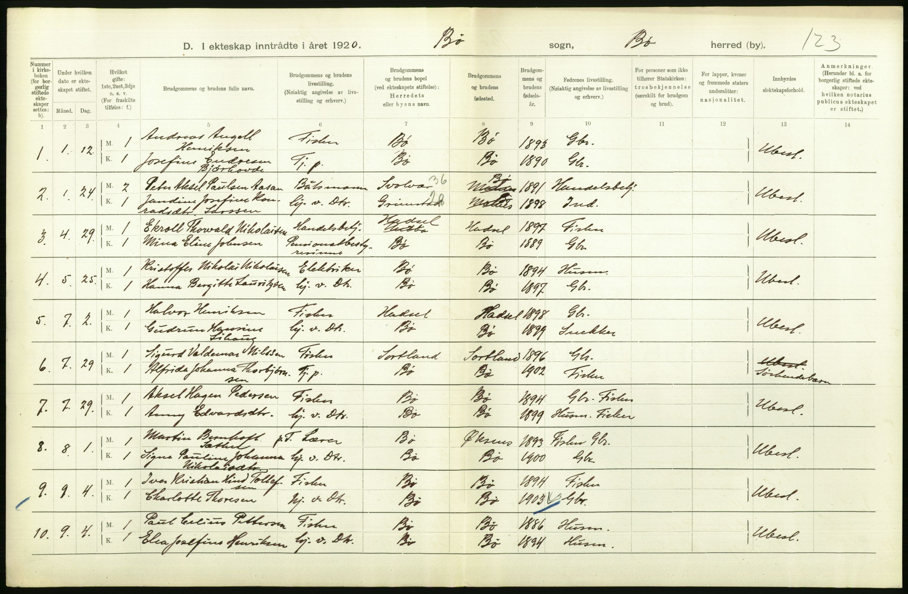 Statistisk sentralbyrå, Sosiodemografiske emner, Befolkning, AV/RA-S-2228/D/Df/Dfb/Dfbj/L0057: Nordland fylke: Gifte, dødfødte. Bygder og byer., 1920, s. 282