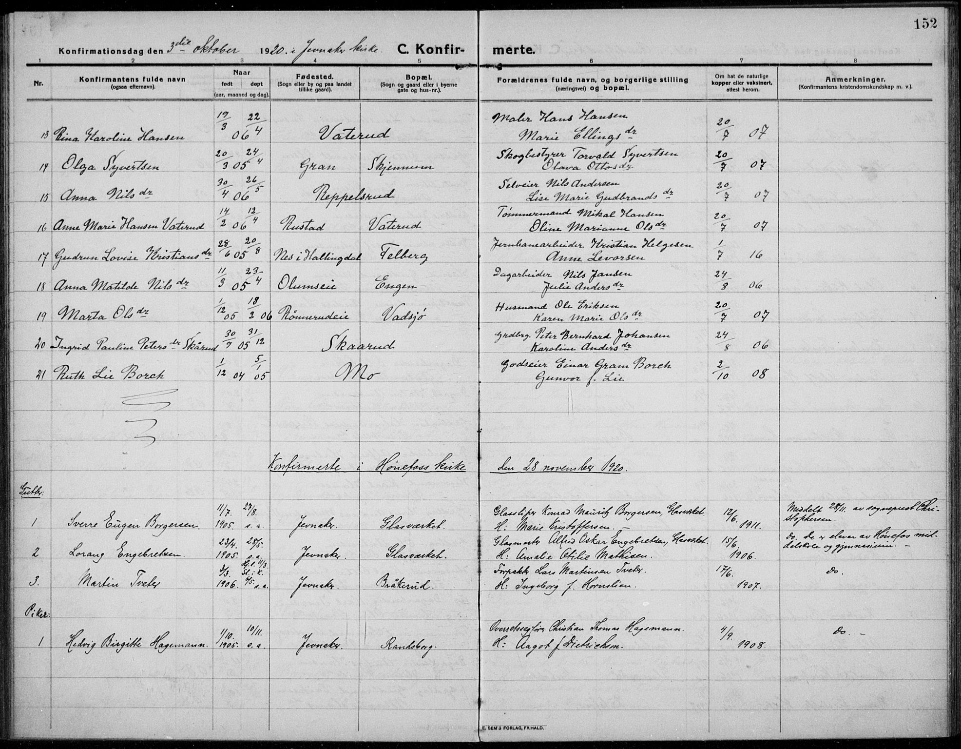 Jevnaker prestekontor, AV/SAH-PREST-116/H/Ha/Haa/L0012: Ministerialbok nr. 12, 1914-1924, s. 152