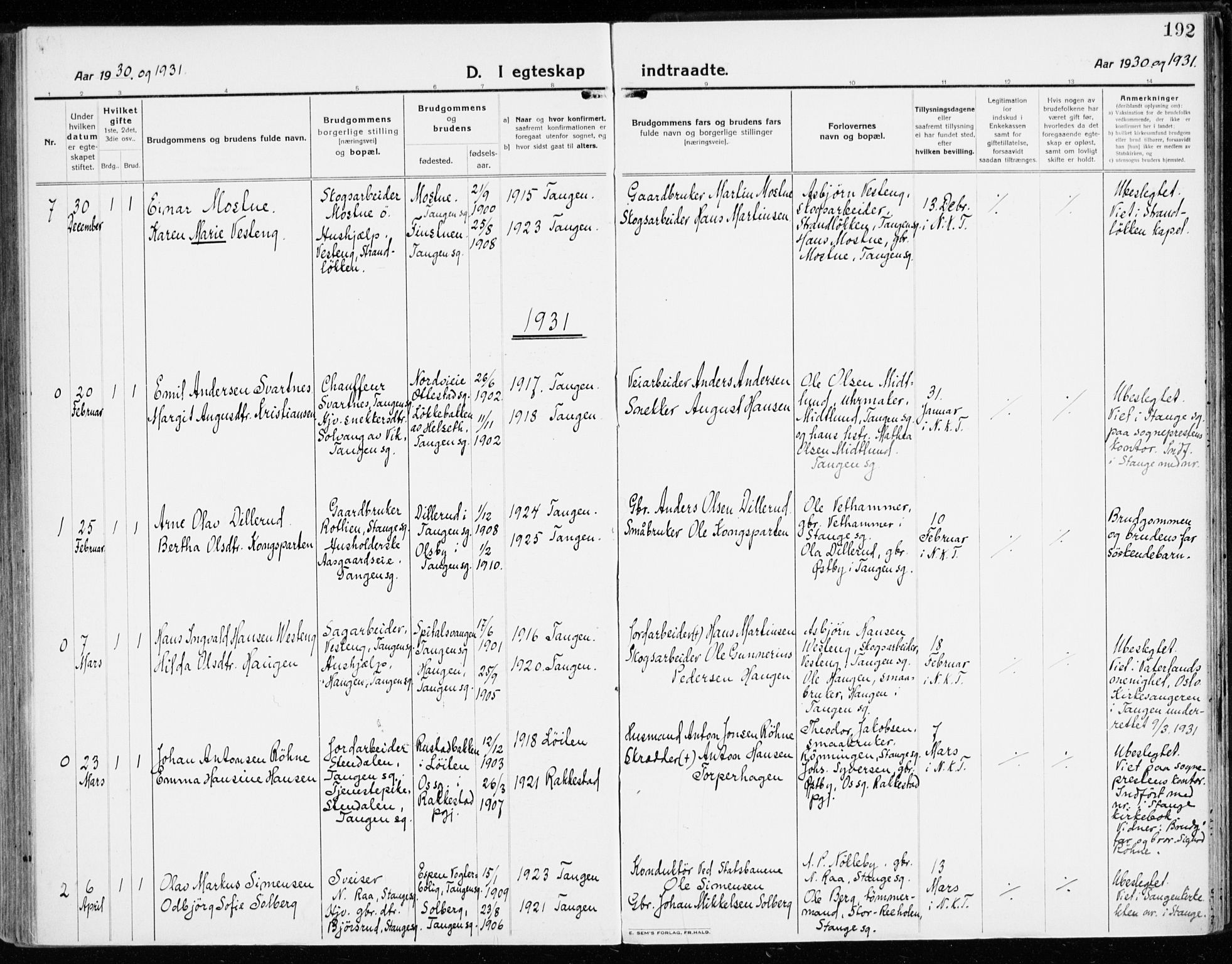 Stange prestekontor, AV/SAH-PREST-002/K/L0025: Ministerialbok nr. 25, 1921-1945, s. 192