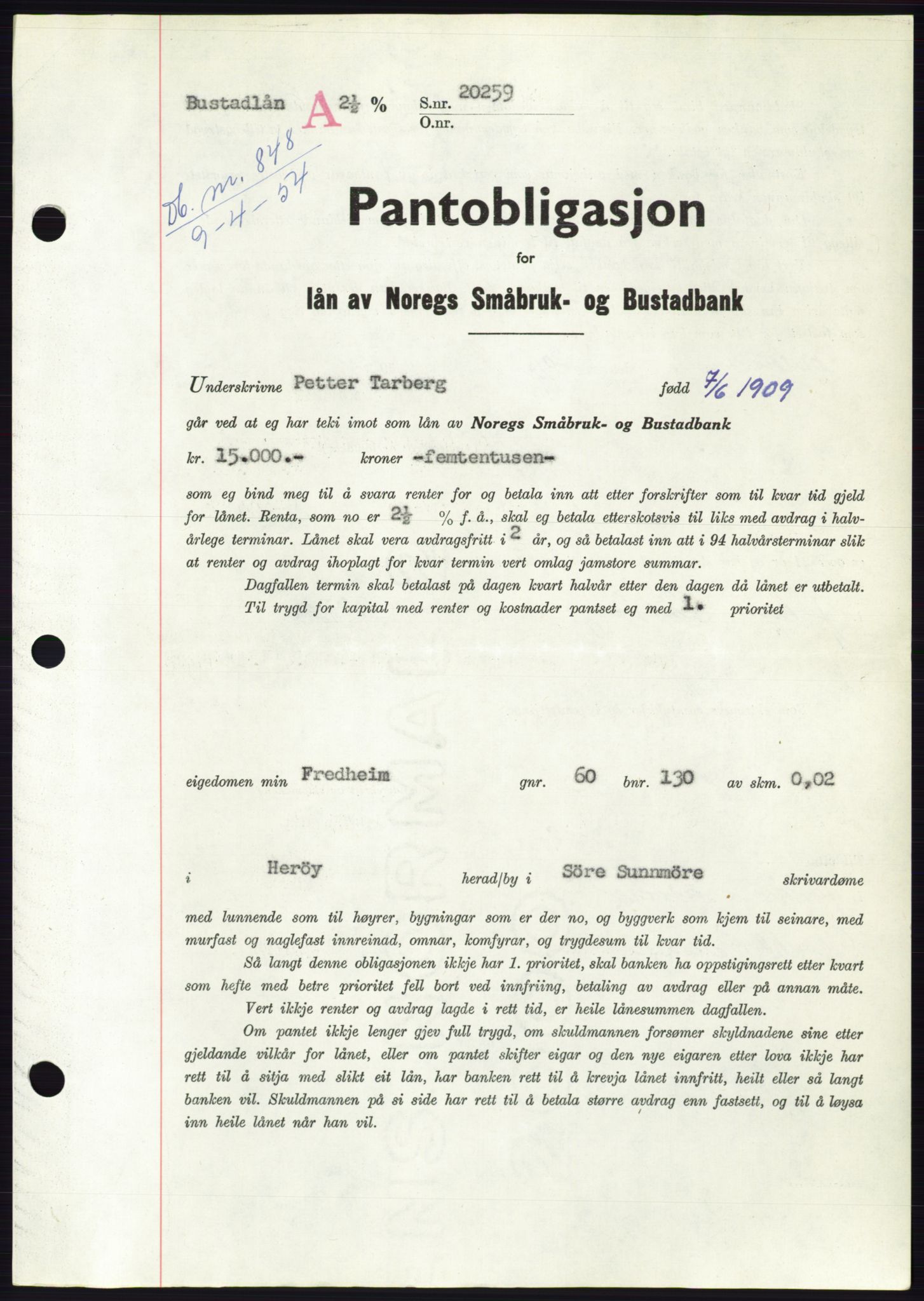 Søre Sunnmøre sorenskriveri, SAT/A-4122/1/2/2C/L0124: Pantebok nr. 12B, 1953-1954, Dagboknr: 848/1954