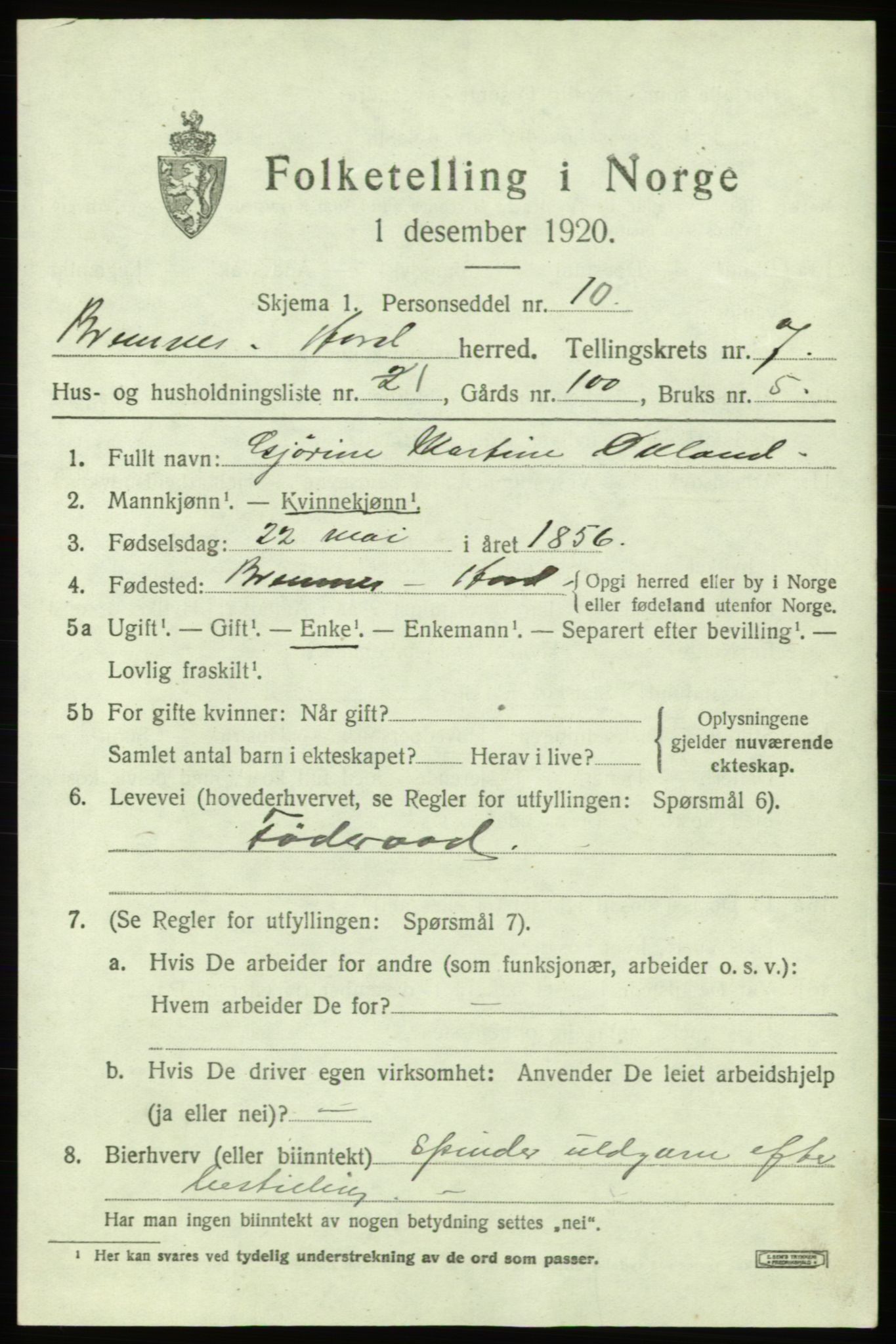 SAB, Folketelling 1920 for 1220 Bremnes herred, 1920, s. 4026