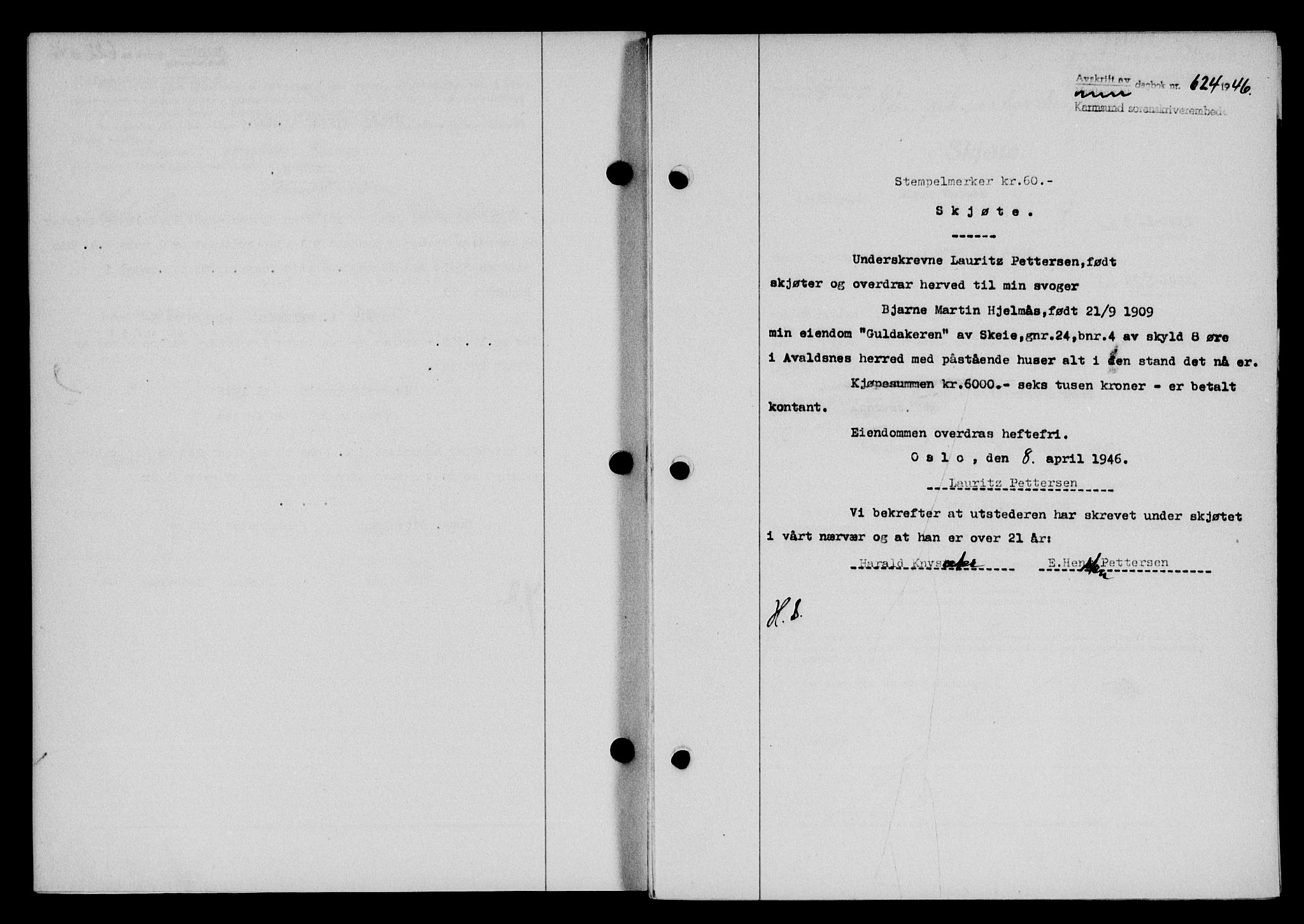 Karmsund sorenskriveri, AV/SAST-A-100311/01/II/IIB/L0085: Pantebok nr. 66A, 1946-1946, Dagboknr: 624/1946