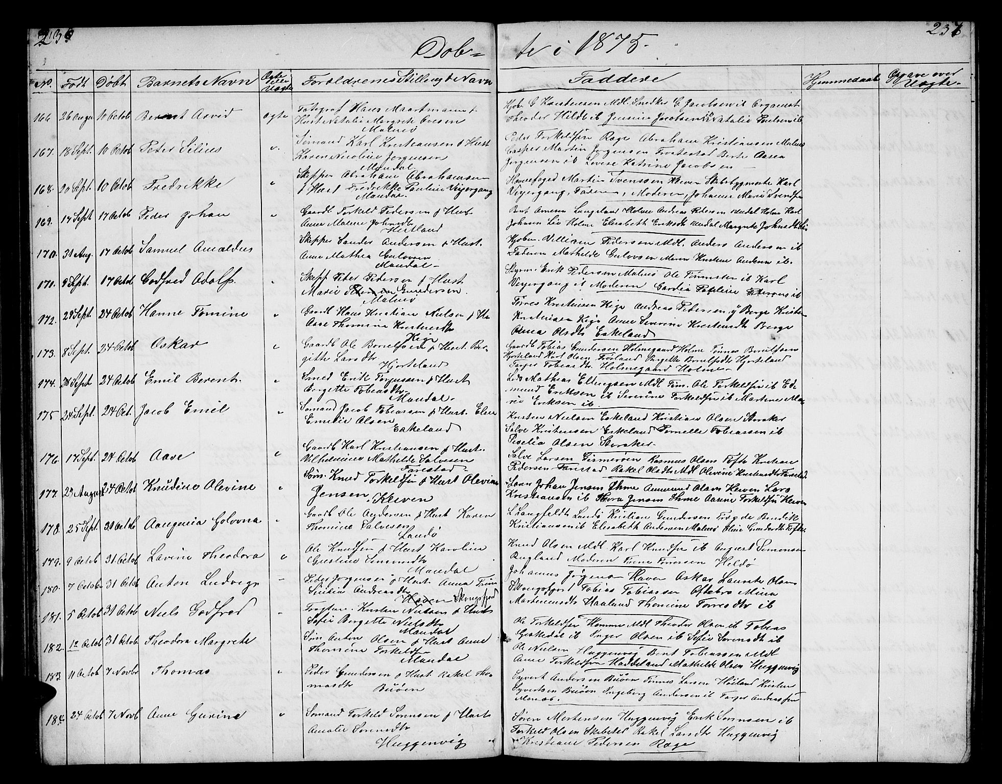Mandal sokneprestkontor, AV/SAK-1111-0030/F/Fb/Fba/L0009: Klokkerbok nr. B 3, 1867-1877, s. 236-237