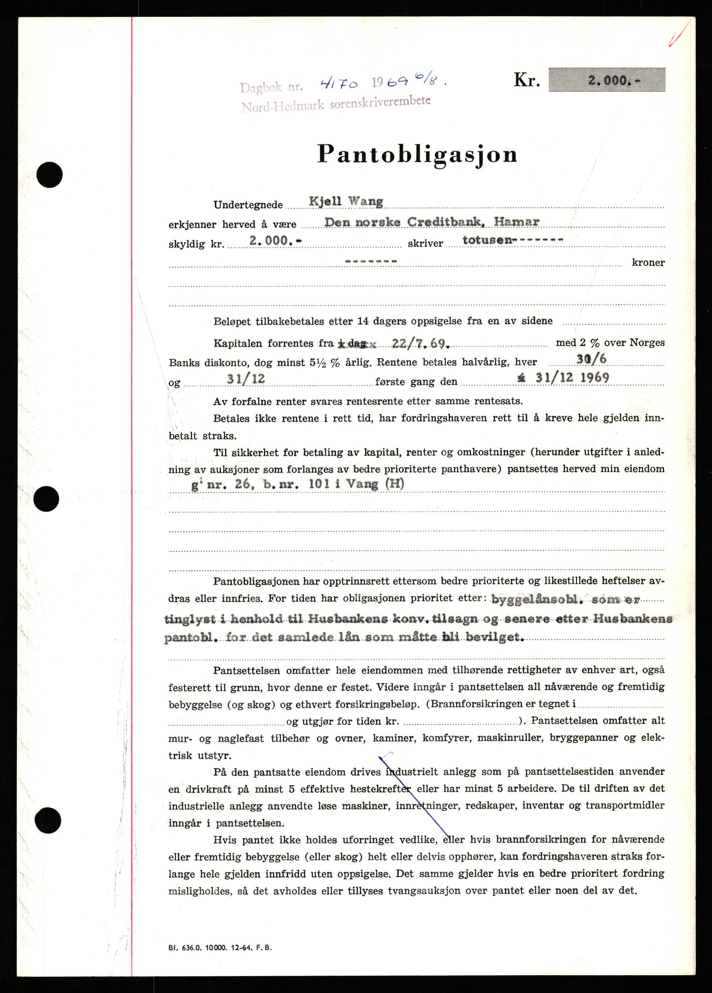 Nord-Hedmark sorenskriveri, SAH/TING-012/H/Hb/Hbf/L0080: Pantebok nr. B80, 1969-1969, Dagboknr: 4170/1969