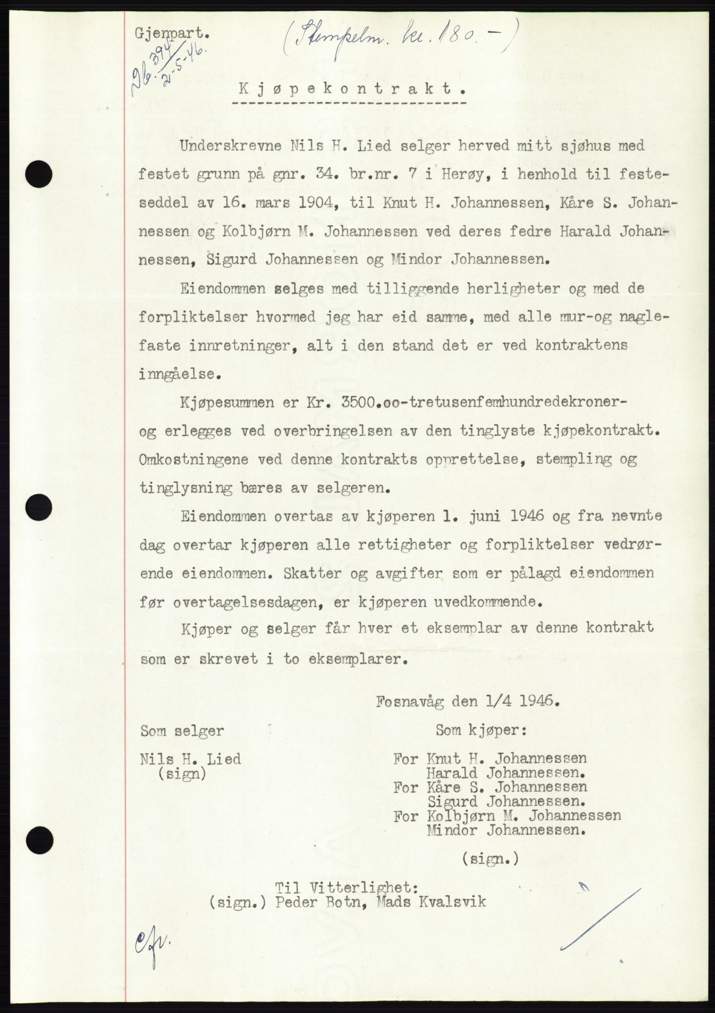 Søre Sunnmøre sorenskriveri, SAT/A-4122/1/2/2C/L0078: Pantebok nr. 4A, 1946-1946, Dagboknr: 394/1946