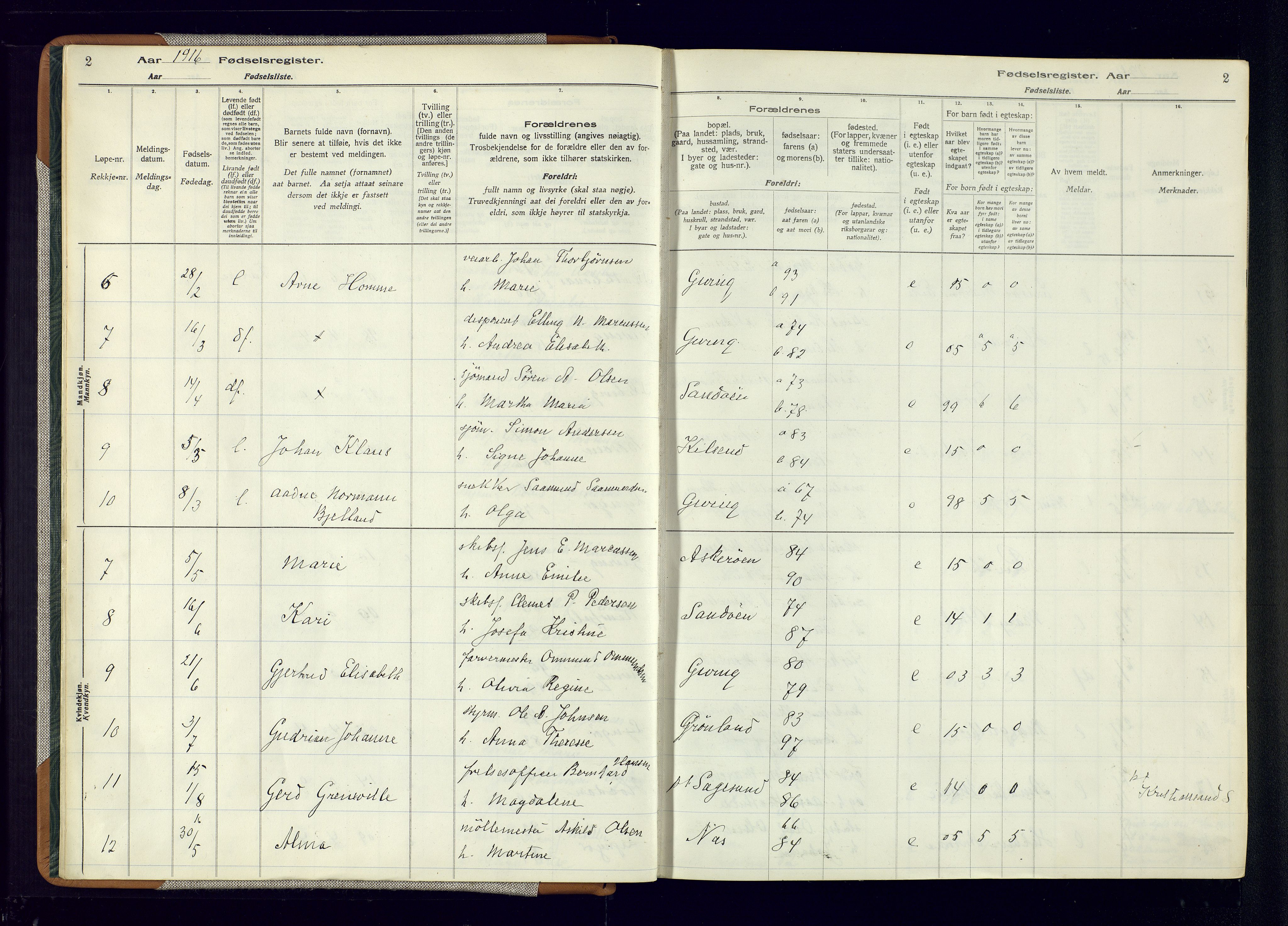 Dypvåg sokneprestkontor, AV/SAK-1111-0007/J/Ja/L0001: Fødselsregister nr. II.4.3, 1916-1975, s. 2