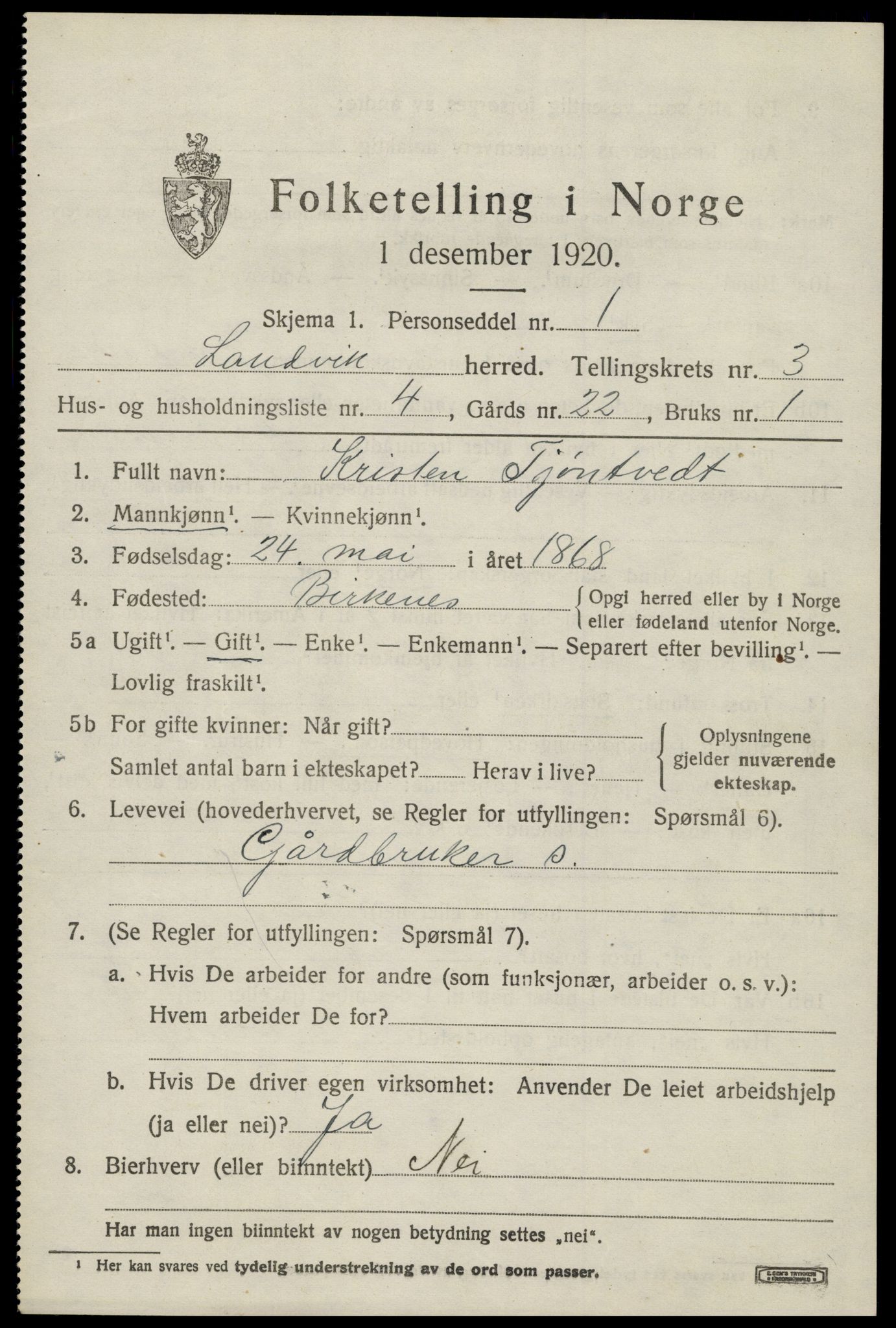 SAK, Folketelling 1920 for 0924 Landvik herred, 1920, s. 2978
