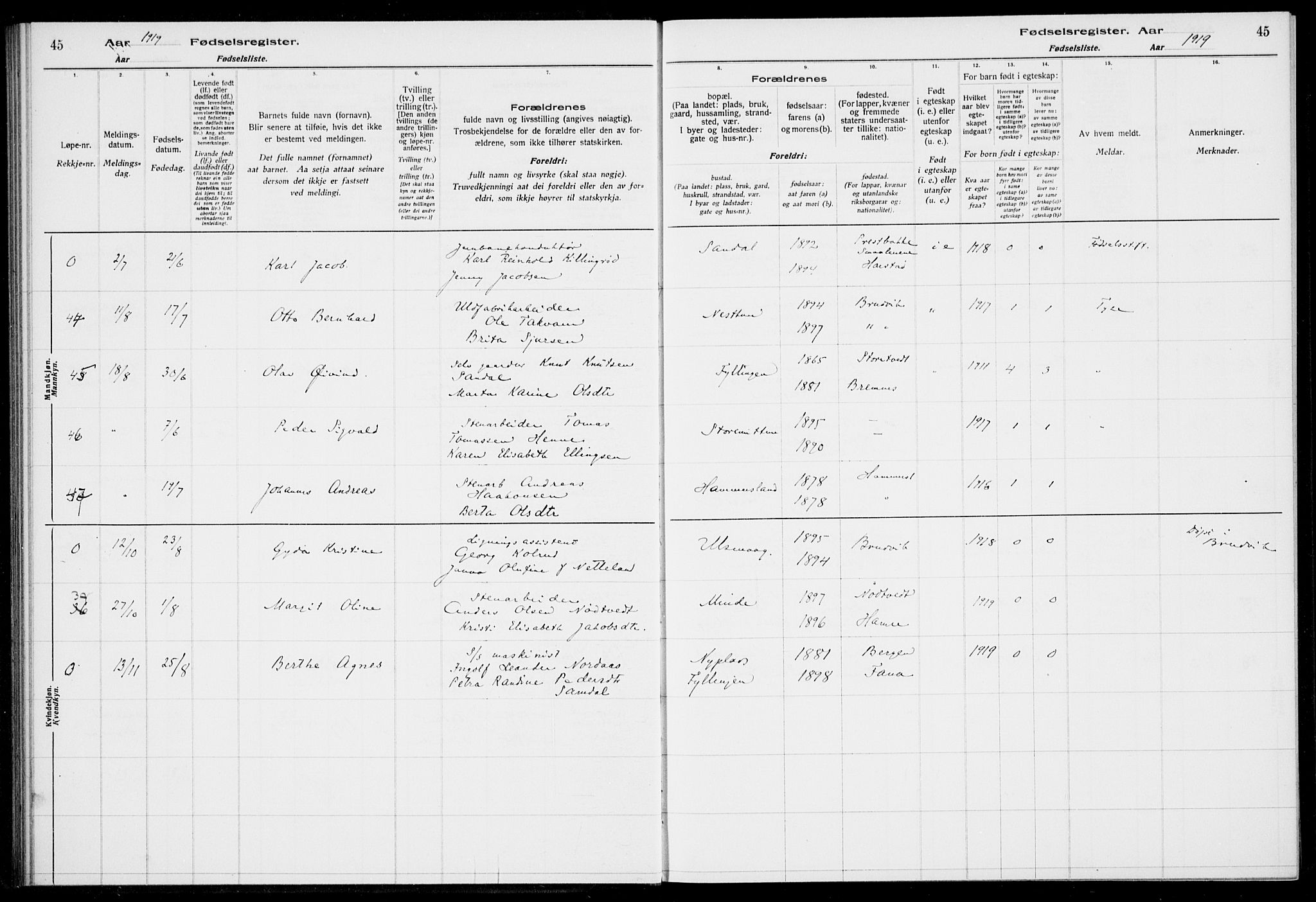 Birkeland Sokneprestembete, SAB/A-74601/I/Id/L00A1: Fødselsregister nr. A 1, 1916-1926, s. 45