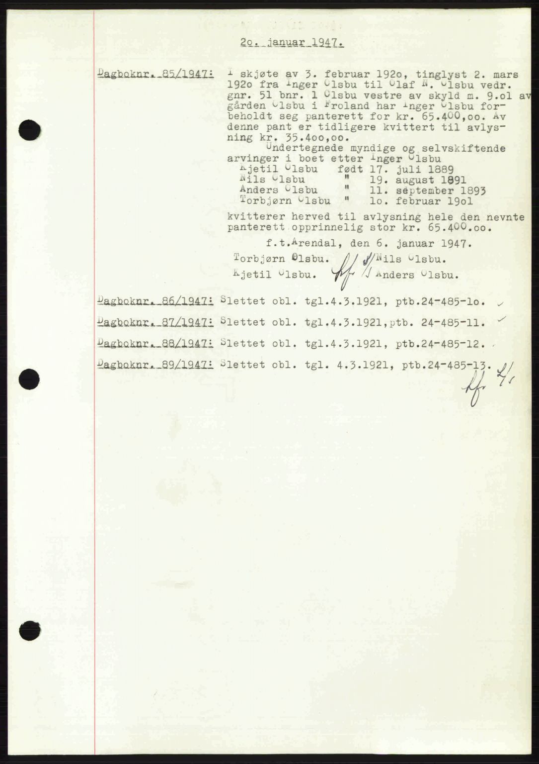 Nedenes sorenskriveri, SAK/1221-0006/G/Gb/Gba/L0056: Pantebok nr. A8, 1946-1947, Dagboknr: 85/1947