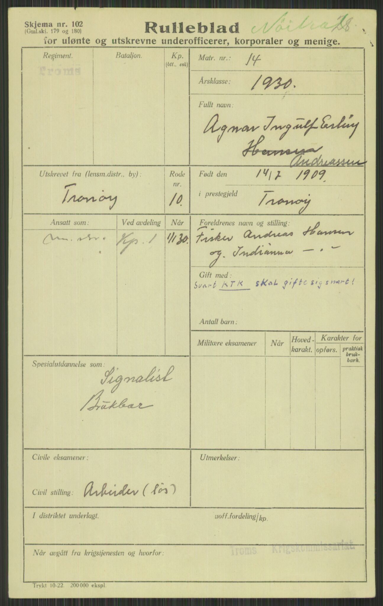 Forsvaret, Troms infanteriregiment nr. 16, AV/RA-RAFA-3146/P/Pa/L0014: Rulleblad for regimentets menige mannskaper, årsklasse 1930, 1930, s. 17