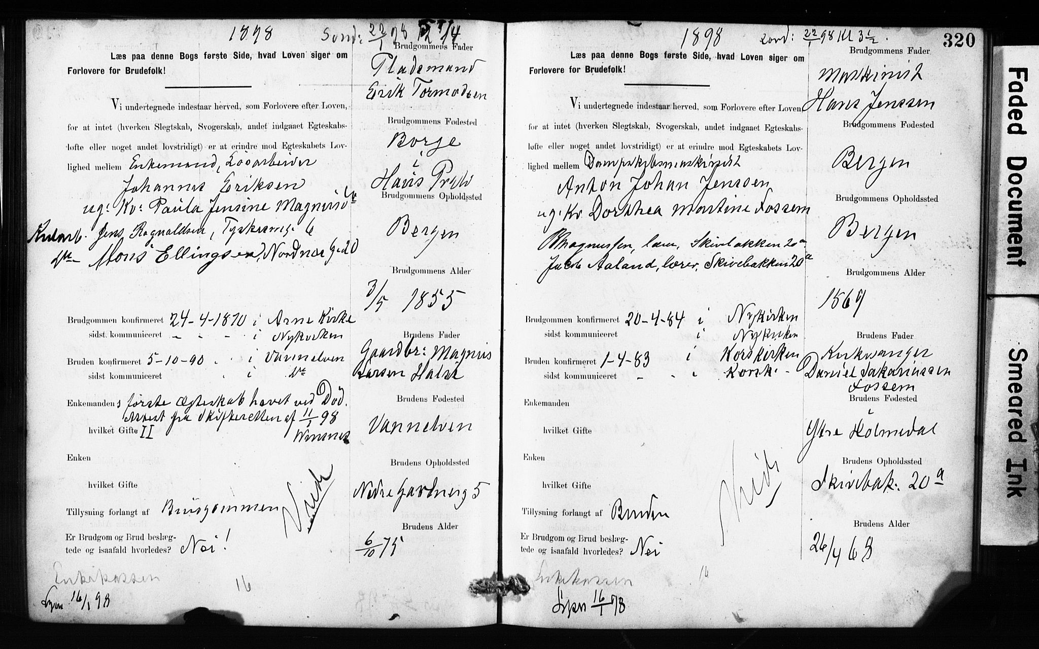 Domkirken sokneprestembete, SAB/A-74801: Forlovererklæringer nr. II.5.10, 1890-1899, s. 320