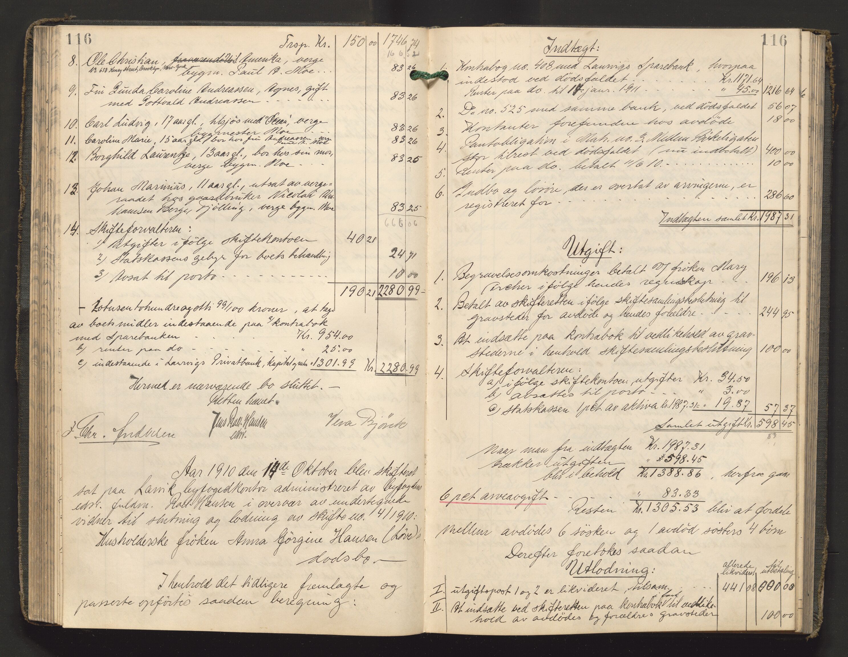 Larvik byfogd, AV/SAKO-A-218/H/Hb/Hbd/L0005: Skifteutlodningsprotokoll, 1906-1915, s. 116
