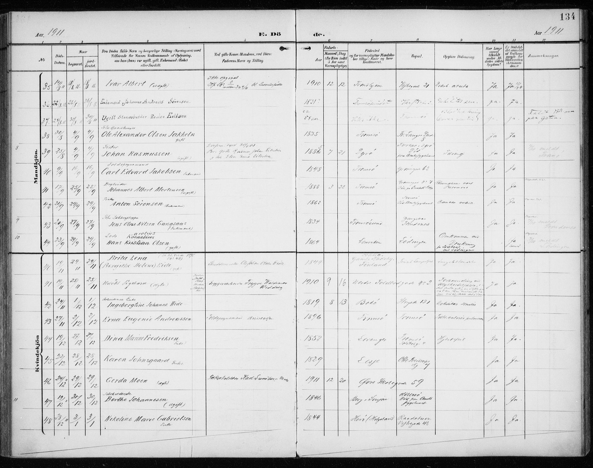 Tromsø sokneprestkontor/stiftsprosti/domprosti, AV/SATØ-S-1343/G/Ga/L0018kirke: Ministerialbok nr. 18, 1907-1917, s. 134