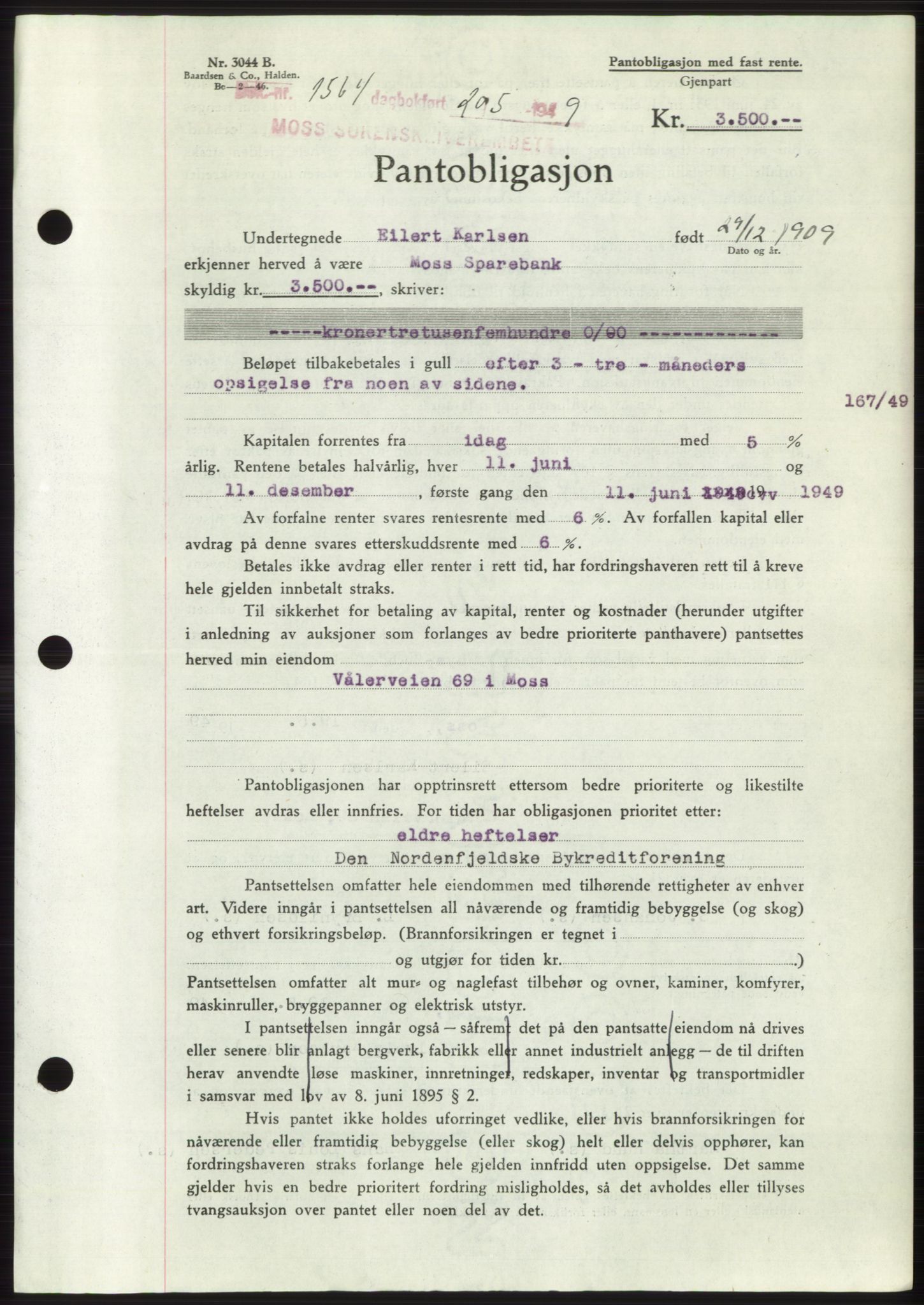 Moss sorenskriveri, SAO/A-10168: Pantebok nr. B21, 1949-1949, Dagboknr: 1564/1949