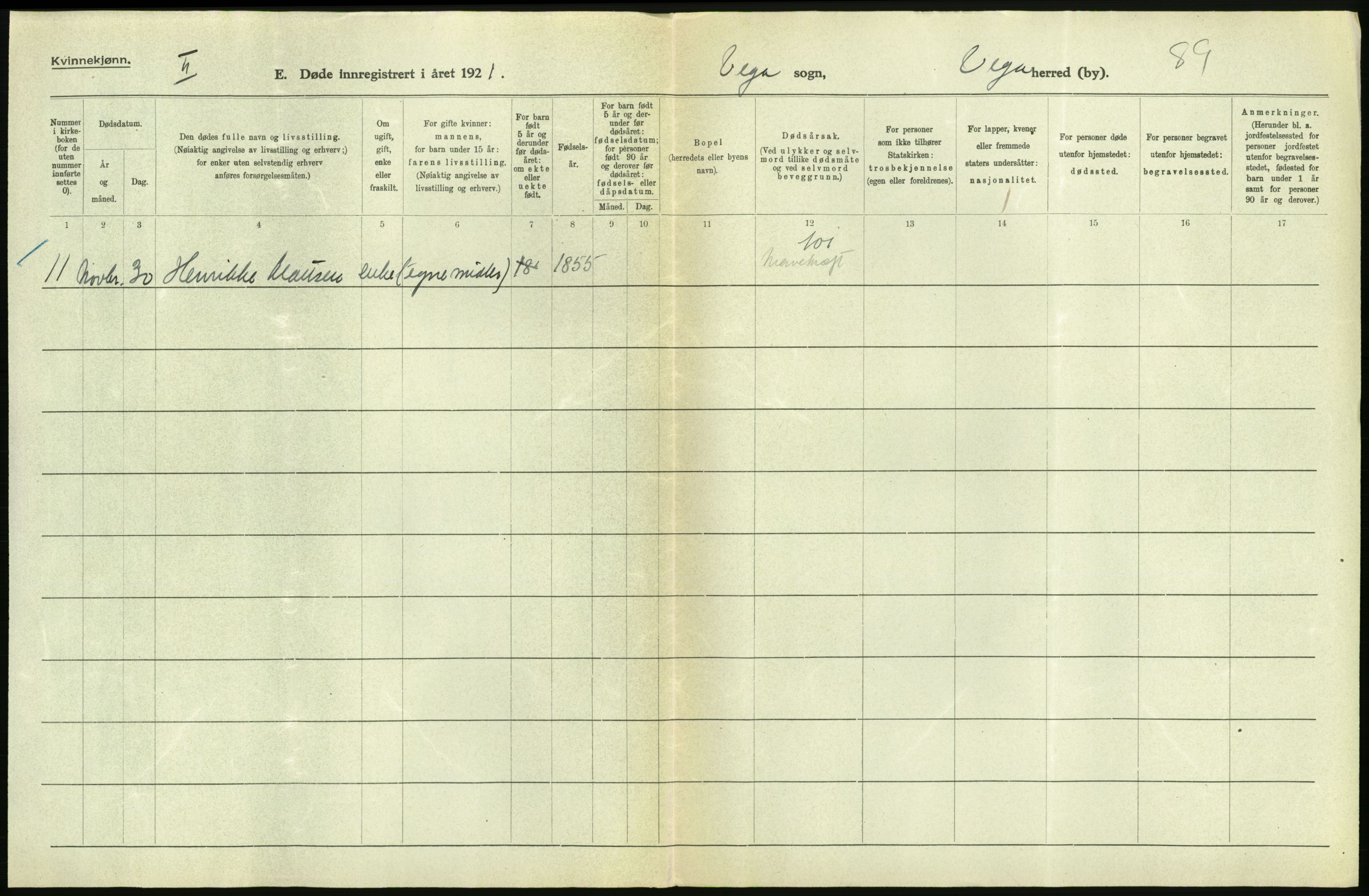 Statistisk sentralbyrå, Sosiodemografiske emner, Befolkning, AV/RA-S-2228/D/Df/Dfc/Dfca/L0051: Nordland fylke: Døde. Bygder og byer., 1921