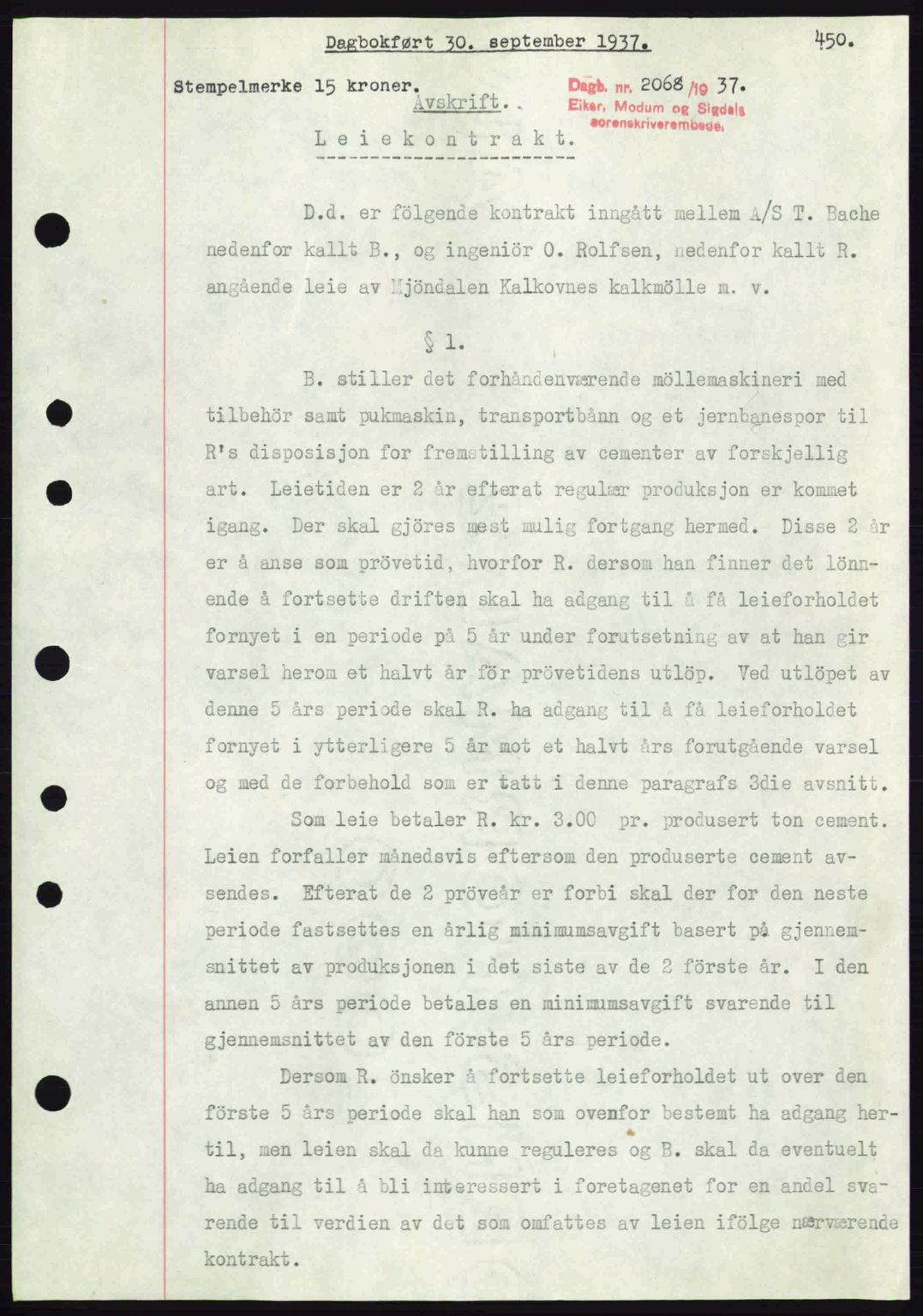 Eiker, Modum og Sigdal sorenskriveri, SAKO/A-123/G/Ga/Gab/L0036: Pantebok nr. A6, 1937-1937, Dagboknr: 2068/1937