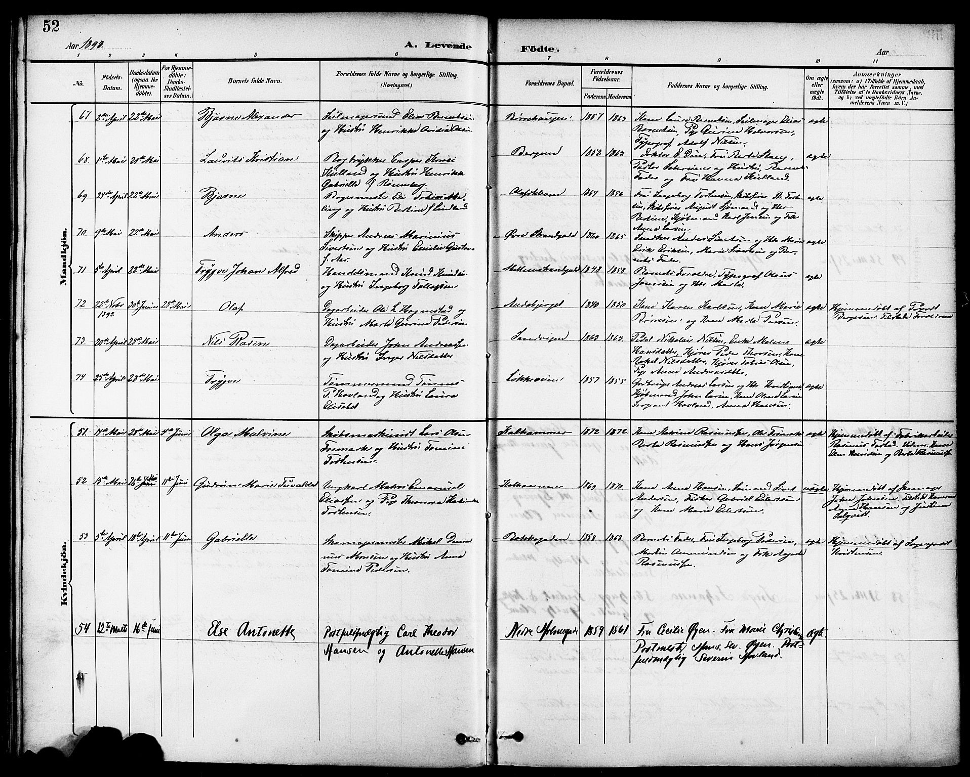 Domkirken sokneprestkontor, AV/SAST-A-101812/001/30/30BB/L0016: Klokkerbok nr. B 16, 1891-1902, s. 52