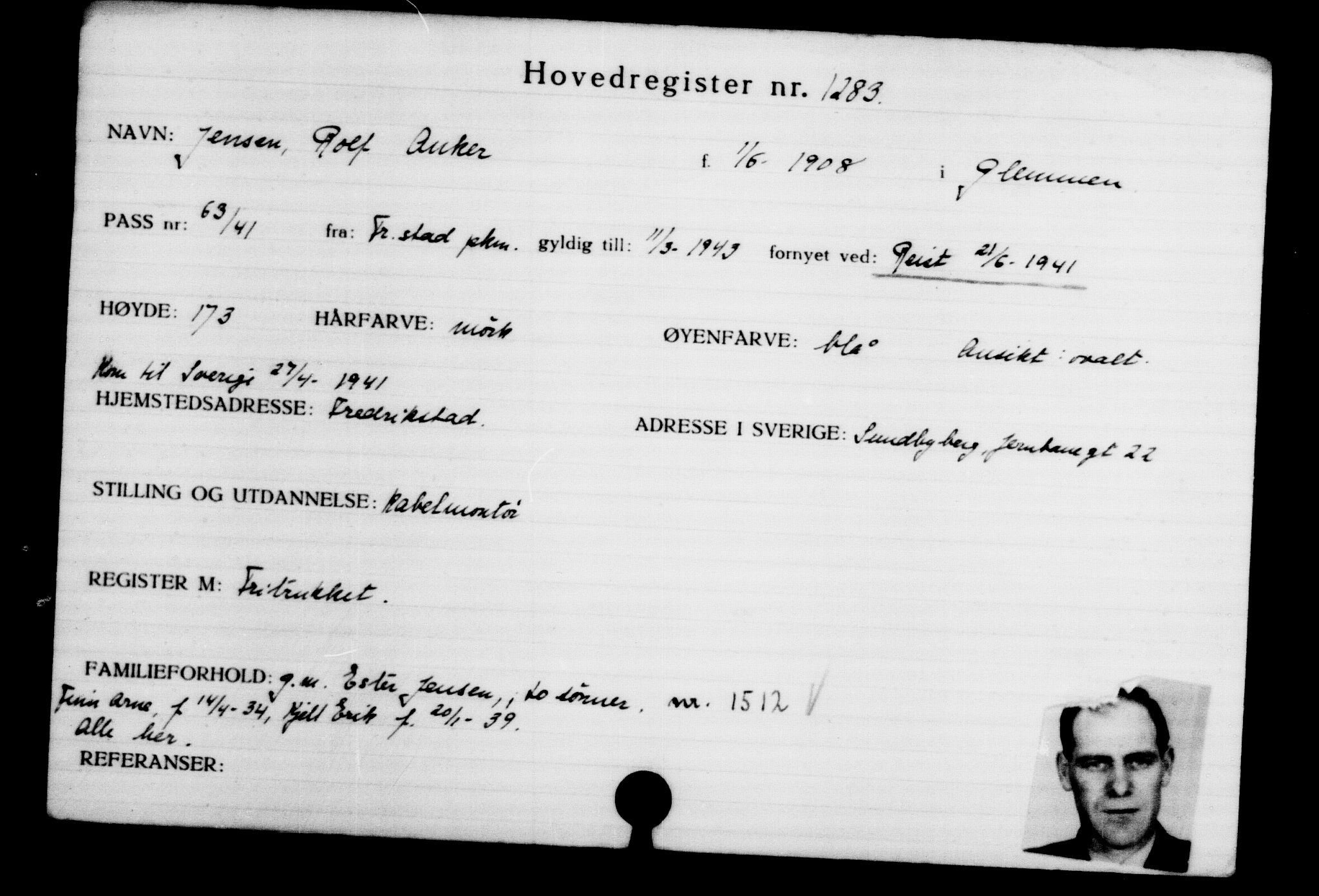 Utenriksstasjonene, Legasjonen i Stockholm, Flyktningkontoret, AV/RA-S-6753/V/Va/L0002: Kjesäterkartoteket, flyktninger med registreringsnr. 1001-2000, 1940-1945, s. 408
