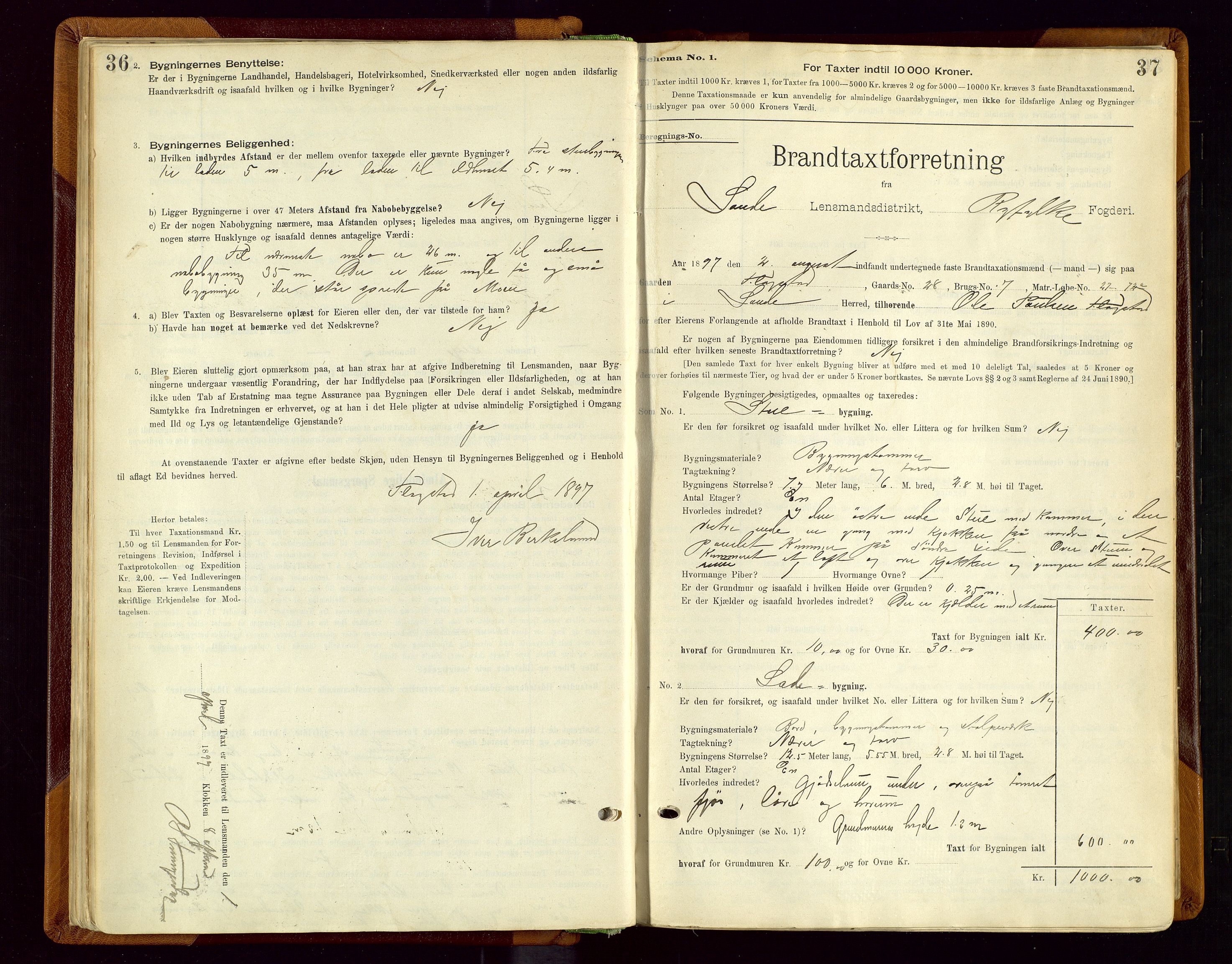 Sauda lensmannskontor, AV/SAST-A-100177/Gob/L0001: Branntakstprotokoll - skjematakst, 1894-1914, s. 36-37