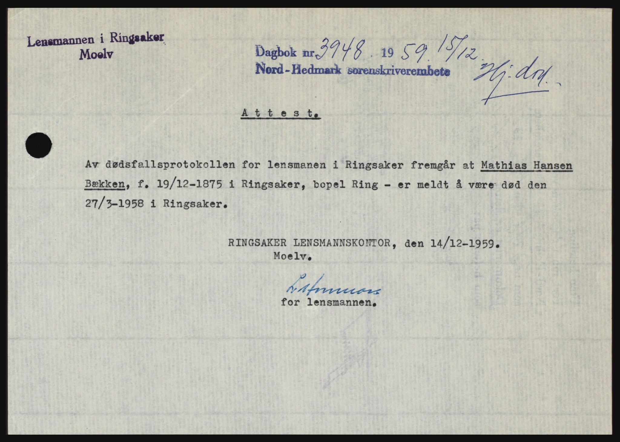Nord-Hedmark sorenskriveri, SAH/TING-012/H/Hc/L0013: Pantebok nr. 13, 1959-1960, Dagboknr: 3948/1959