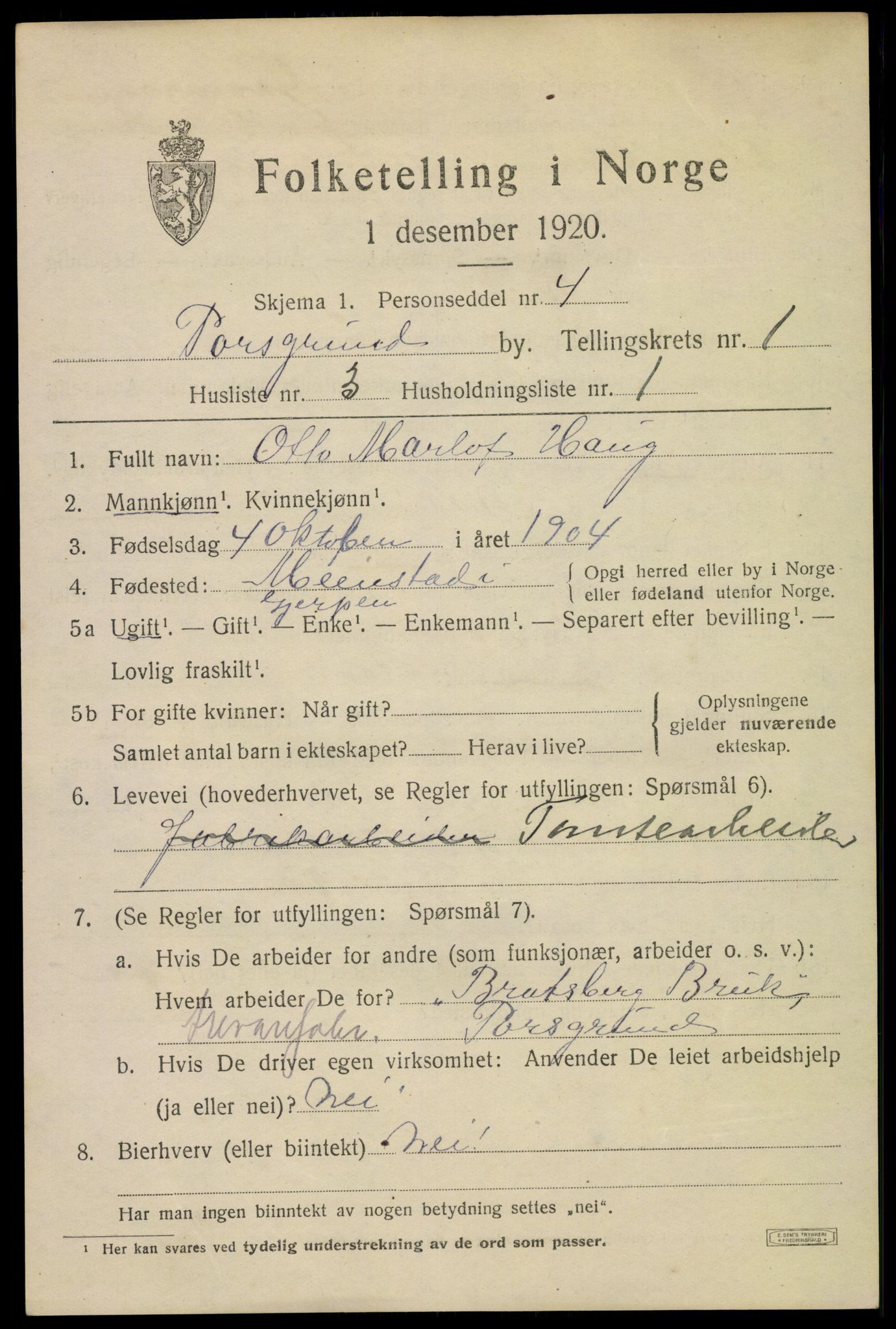 SAKO, Folketelling 1920 for 0805 Porsgrunn kjøpstad, 1920, s. 7129