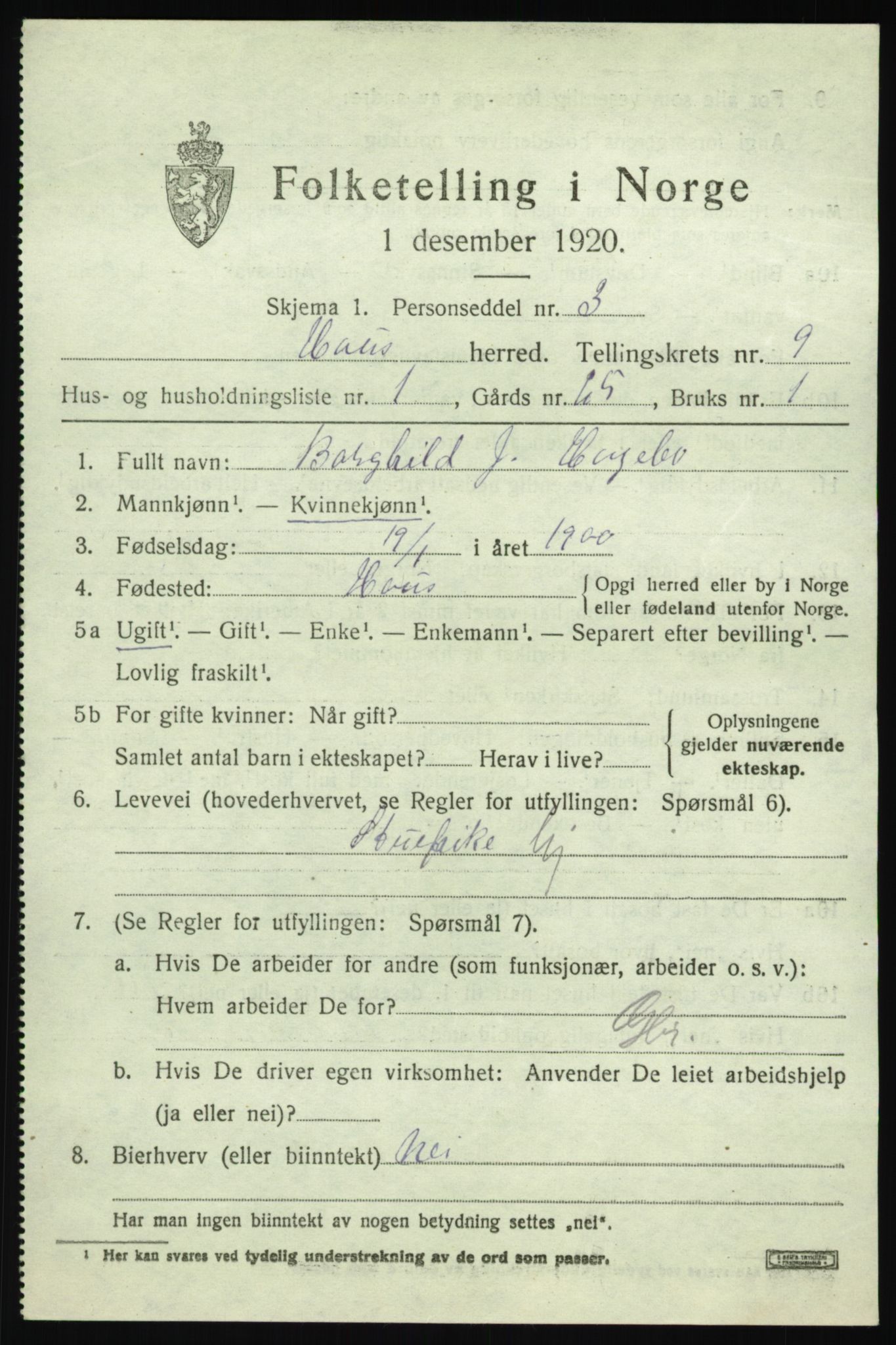 SAB, Folketelling 1920 for 1250 Haus herred, 1920, s. 5465