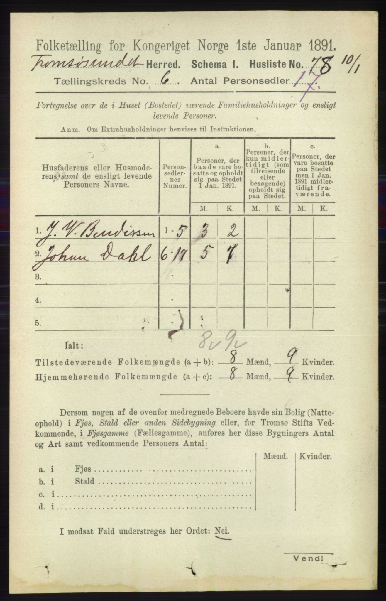 RA, Folketelling 1891 for 1934 Tromsøysund herred, 1891, s. 2993