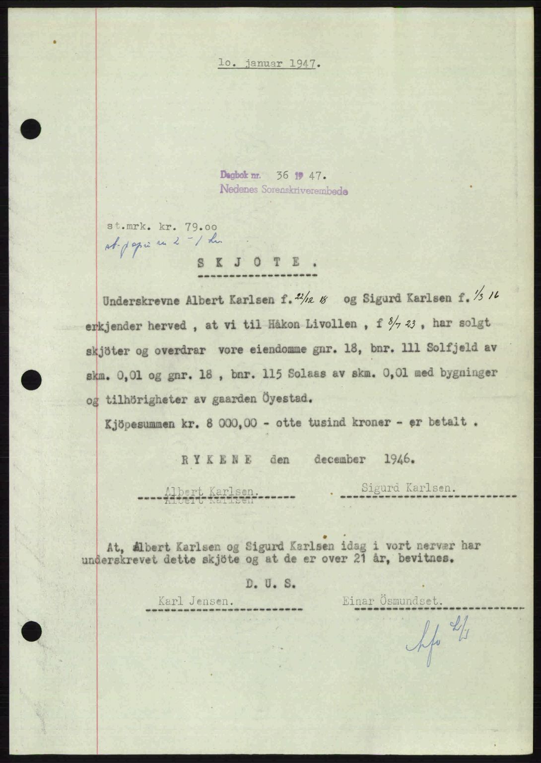 Nedenes sorenskriveri, AV/SAK-1221-0006/G/Gb/Gba/L0056: Pantebok nr. A8, 1946-1947, Dagboknr: 36/1947