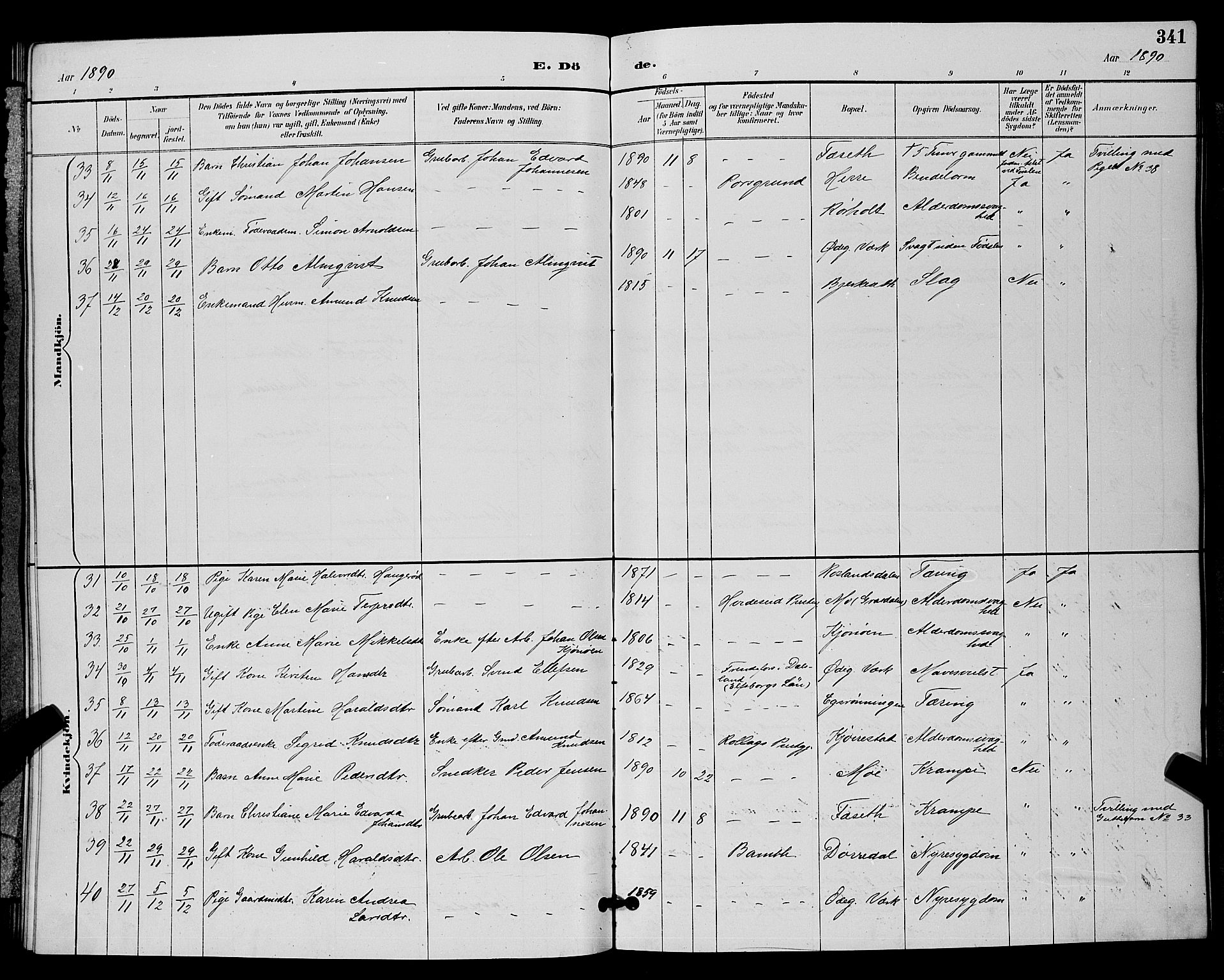Bamble kirkebøker, AV/SAKO-A-253/G/Ga/L0009: Klokkerbok nr. I 9, 1888-1900, s. 341