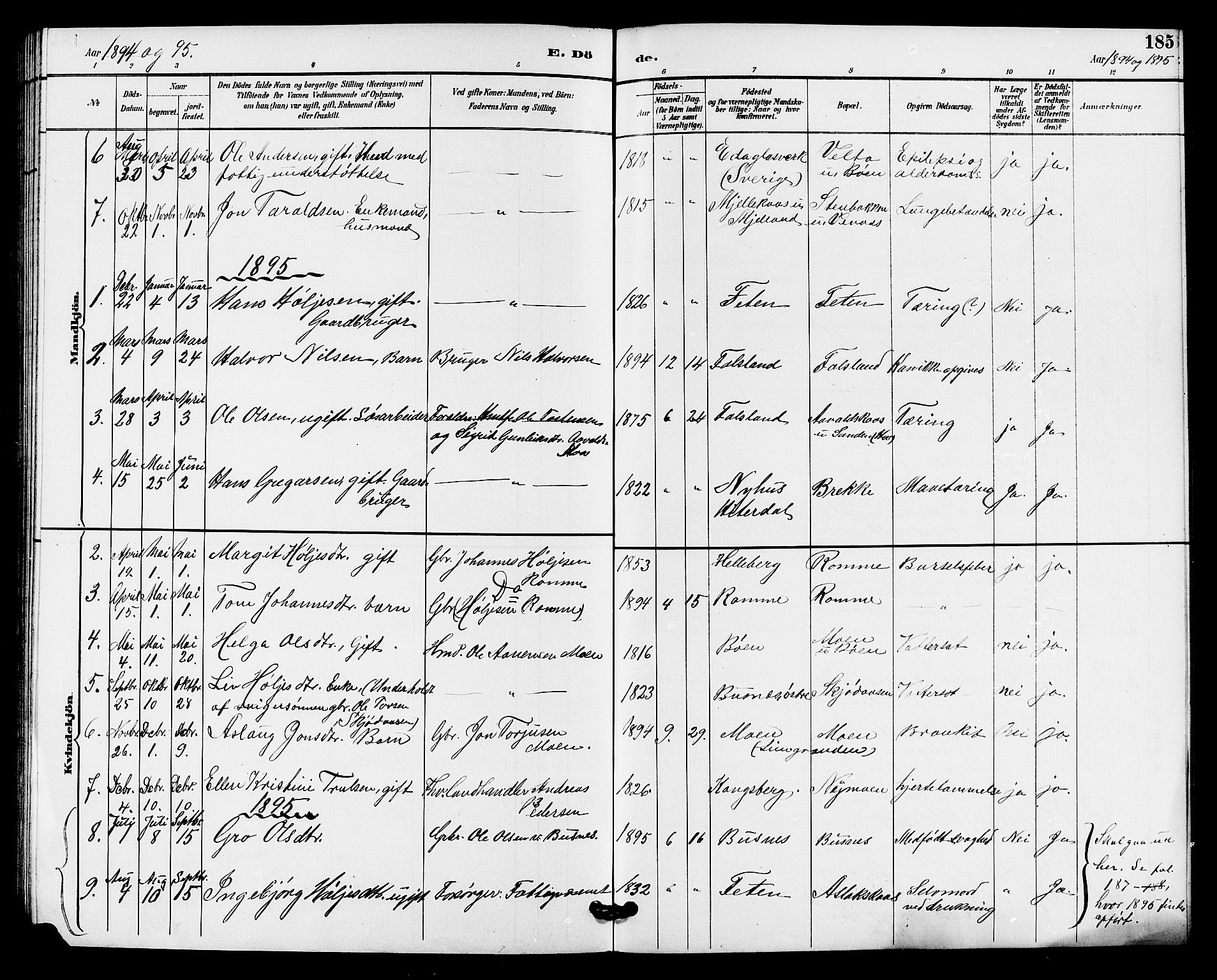 Gransherad kirkebøker, AV/SAKO-A-267/G/Ga/L0003: Klokkerbok nr. I 3, 1887-1915, s. 185