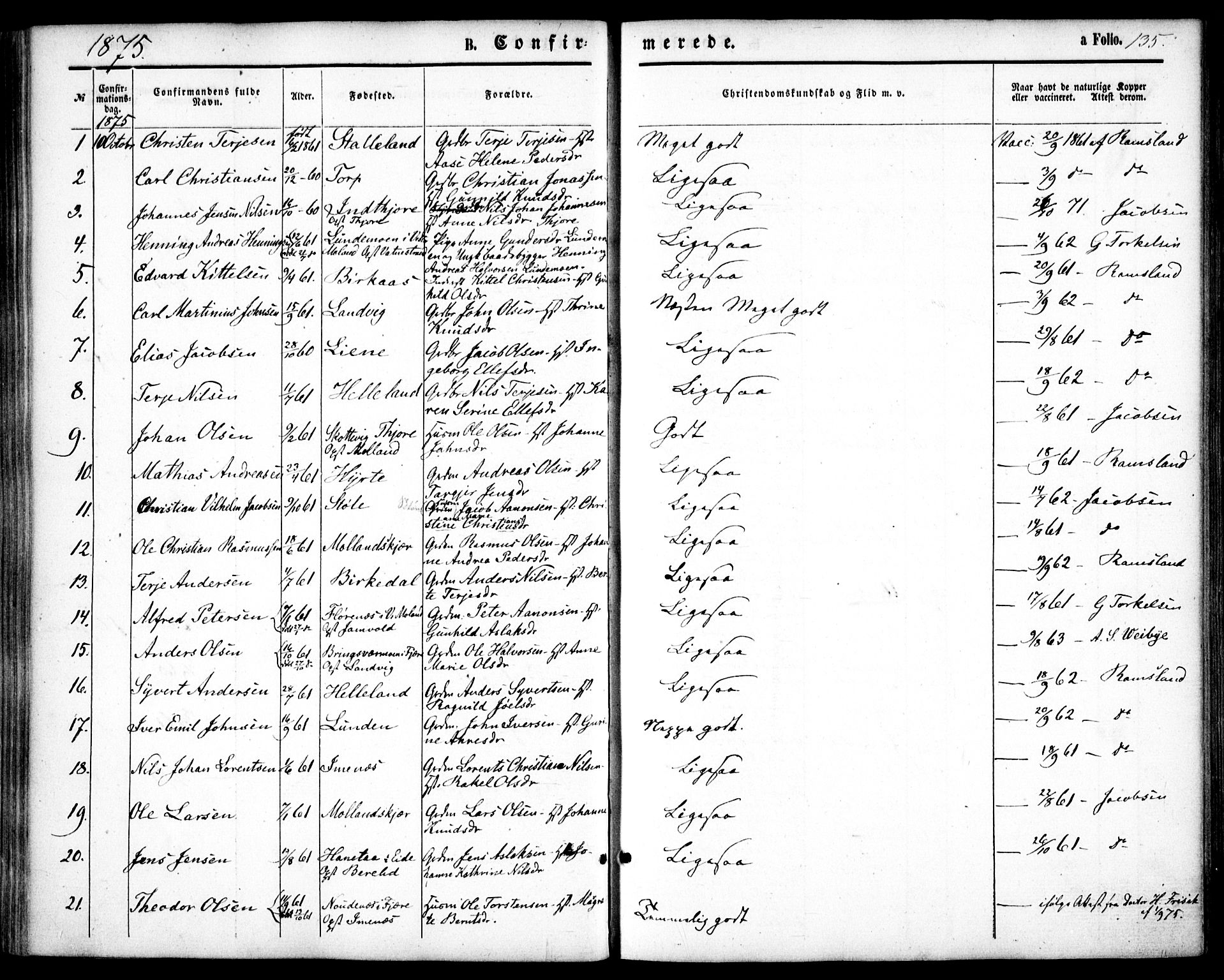 Hommedal sokneprestkontor, AV/SAK-1111-0023/F/Fa/Fab/L0005: Ministerialbok nr. A 5, 1861-1877, s. 135