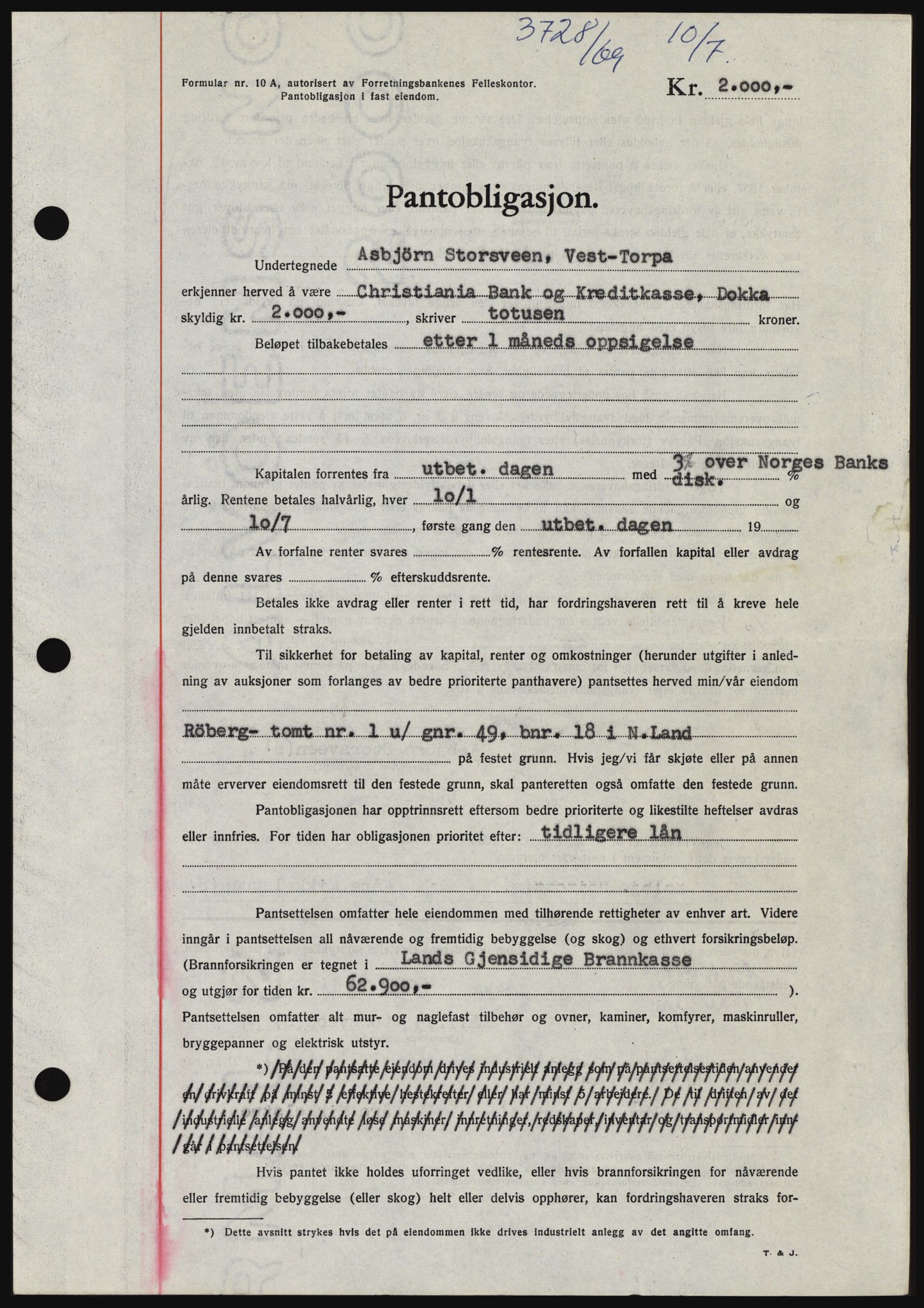 Hadeland og Land tingrett, SAH/TING-010/H/Hb/Hbc/L0074: Pantebok nr. B74, 1969-1969, Dagboknr: 3728/1969