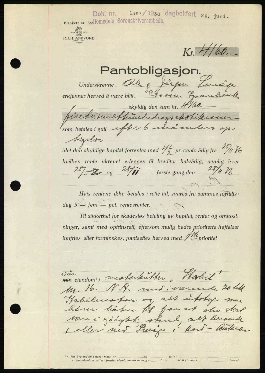 Romsdal sorenskriveri, SAT/A-4149/1/2/2C: Pantebok nr. B1, 1936-1939, Dagboknr: 1367/1936
