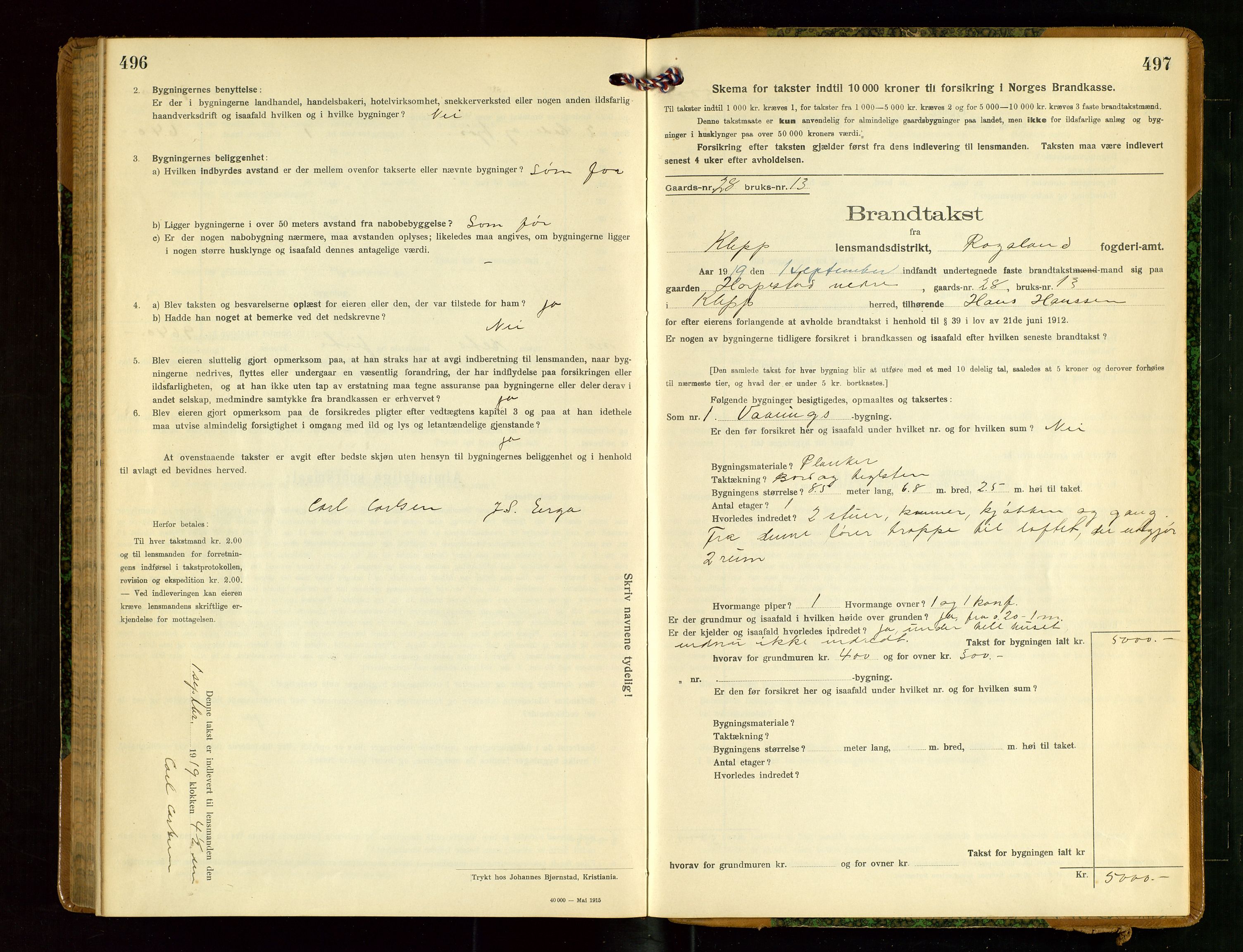 Klepp lensmannskontor, AV/SAST-A-100163/Goc/L0009: "Brandtakstprotokol" m/register, 1917-1919, s. 496-497