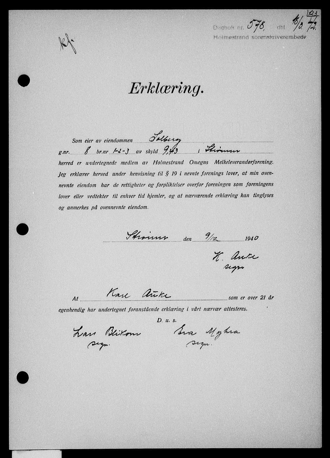 Holmestrand sorenskriveri, SAKO/A-67/G/Ga/Gaa/L0055: Pantebok nr. A-55, 1942-1942, Dagboknr: 578/1942