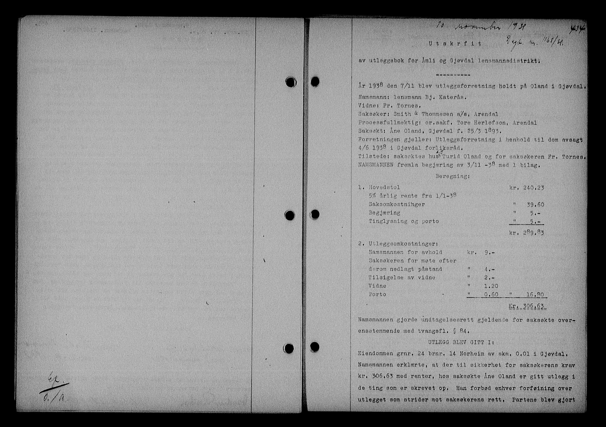 Nedenes sorenskriveri, AV/SAK-1221-0006/G/Gb/Gba/L0045: Pantebok nr. 41, 1938-1938, Dagboknr: 1168/1938