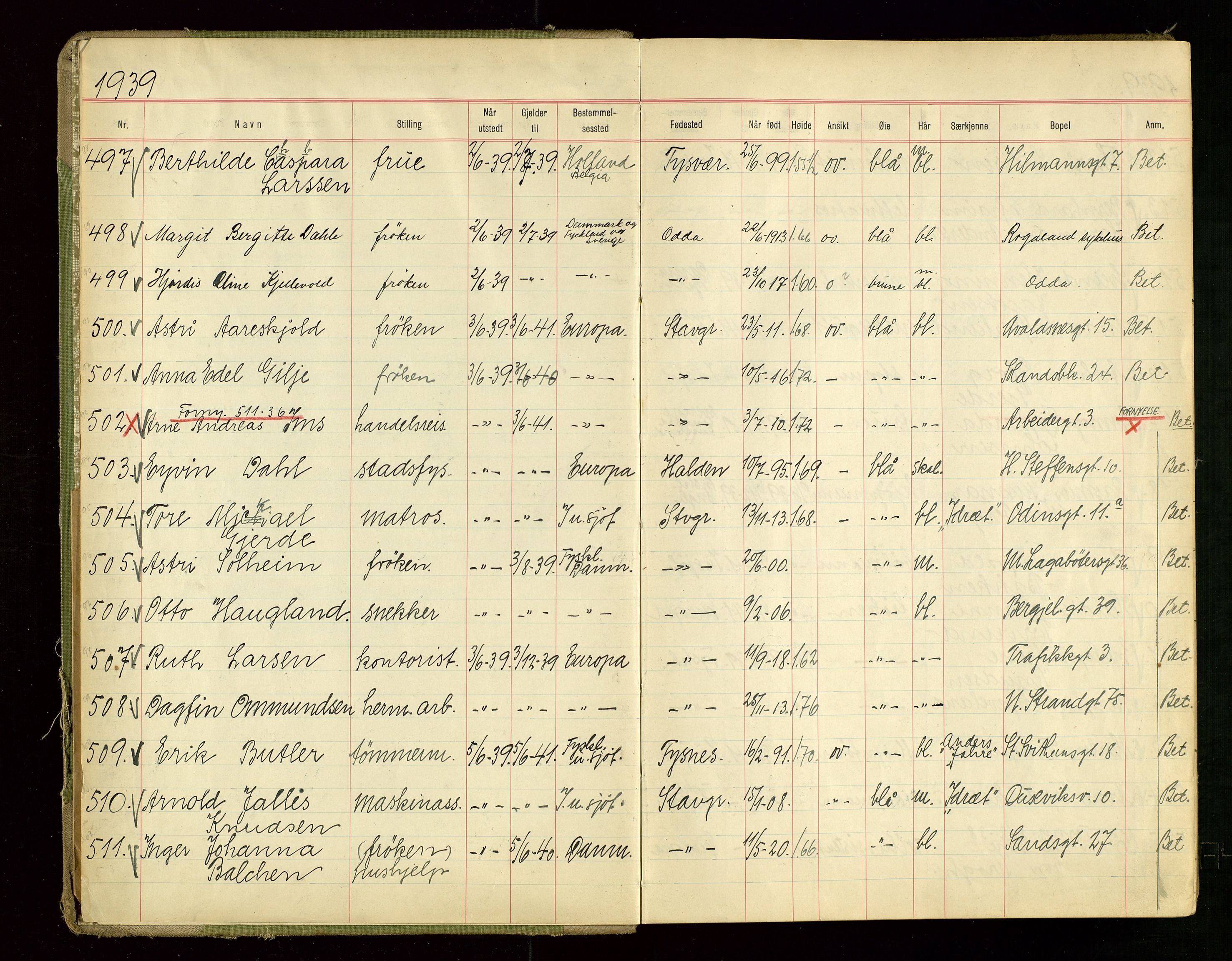 Stavanger politikammer, SAST/A-100361/001/H/Hc/Hcd/Hcdb/L0002: "Pass-protokoll", 1939-1945, s. 4