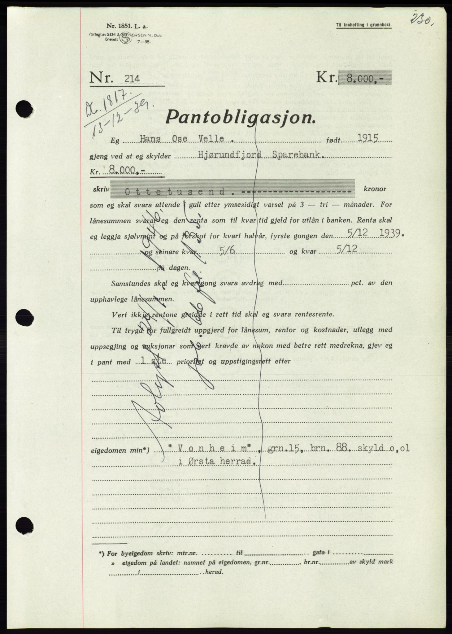 Søre Sunnmøre sorenskriveri, AV/SAT-A-4122/1/2/2C/L0069: Pantebok nr. 63, 1939-1940, Dagboknr: 1817/1939